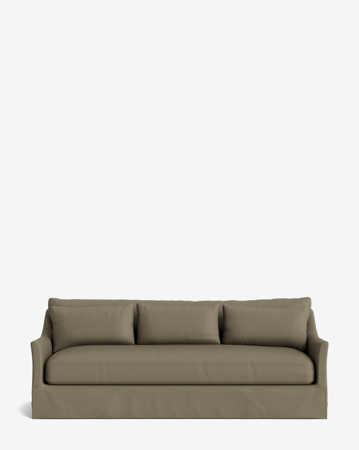 The Wilhelmina Deep Slipcover Sofa (85-110) is a simple, modern olive-green sofa with three back cushions and a skirted base, shown against a plain white background by McGee & Co.