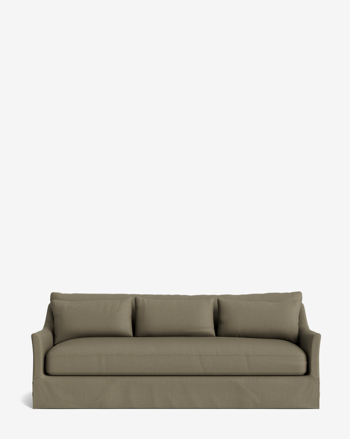 The Wilhelmina Deep Slipcover Sofa (85-110) in modern olive green, featuring three back cushions and a skirted base, is displayed against a plain white background by McGee & Co.