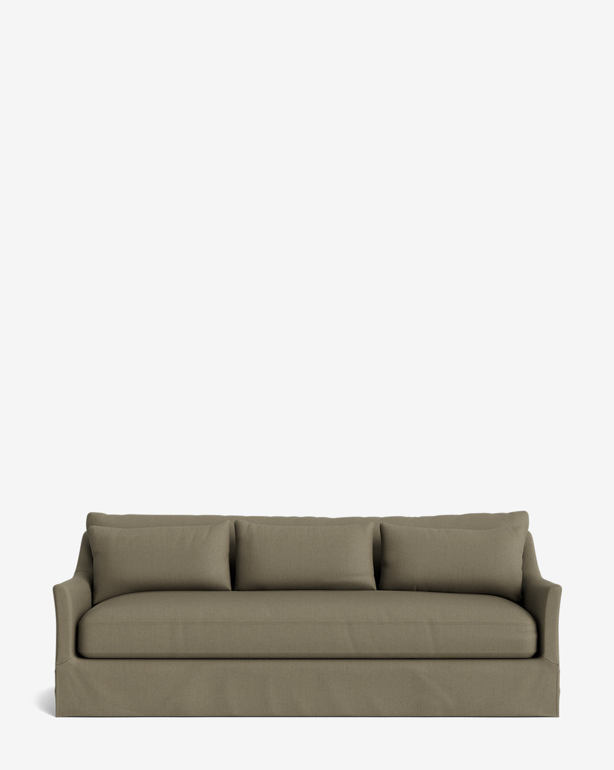 The Wilhelmina Deep Slipcover Sofa (85-110) in modern olive-green features three seat cushions and three matching back pillows, shown from the front on a plain white background, by McGee & Co.