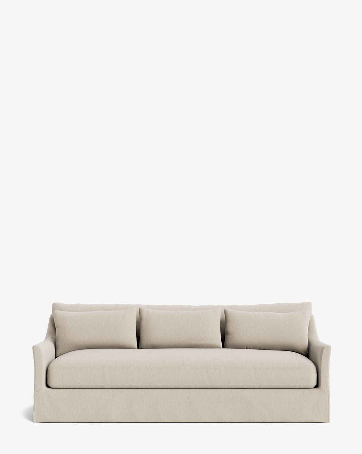 The Wilhelmina Deep Slipcover Sofa (85-110) in beige, featuring three matching back cushions, soft rounded arms, and a tailored fabric cover, offers a simple modern design for a luxurious seating experience against any backdrop, by McGee & Co.