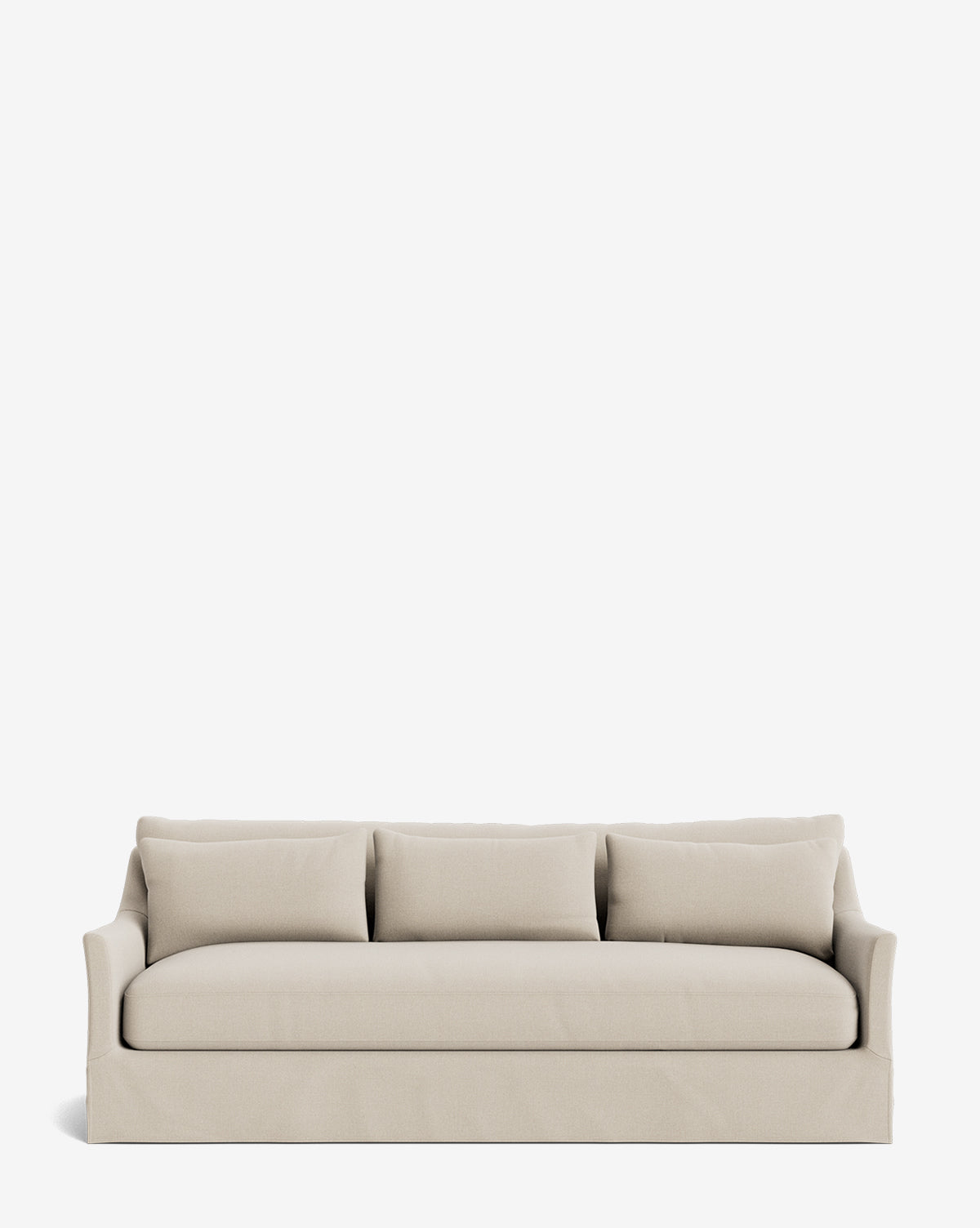 The Wilhelmina Deep Slipcover Sofa (85-110) features a light beige hue, three back cushions, and slightly flared armrests, shown against a plain white background, by McGee & Co.