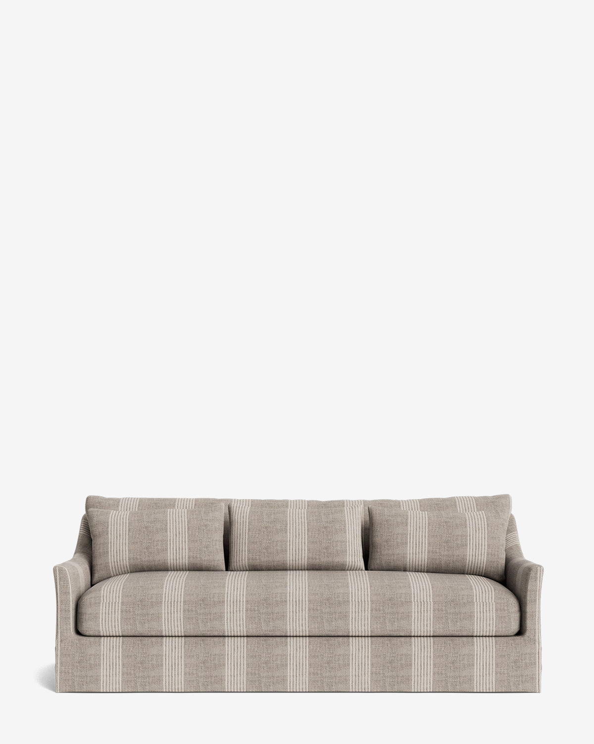 The Wilhelmina Deep Slipcover Sofa (85-110) features a beige fabric with white vertical stripes, three deep seat cushions, and softly curved armrests, shown against a plain white background by McGee & Co.