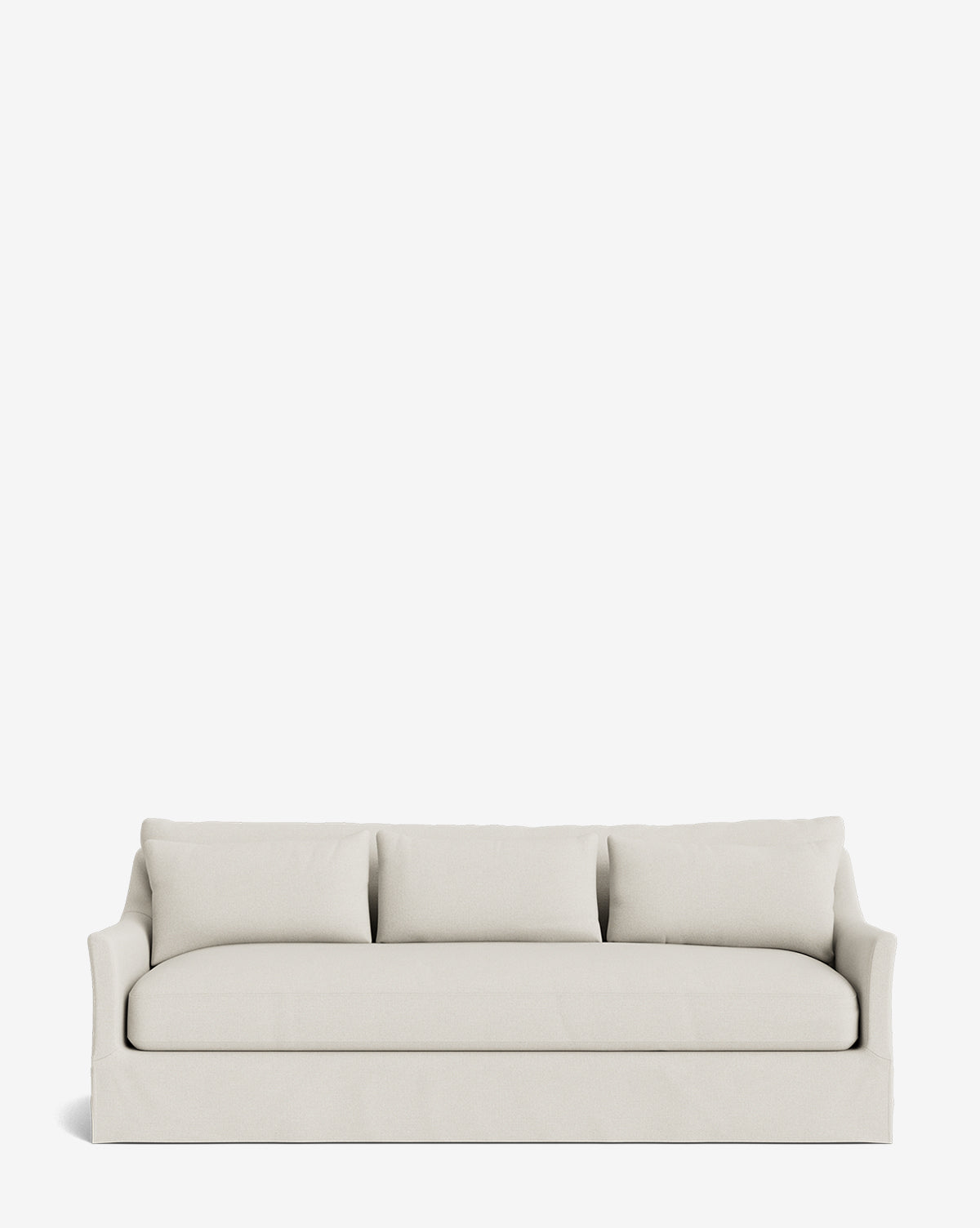 The Wilhelmina Deep Slipcover Sofa (85-110) features a modern, light beige design with three back cushions and a sleek silhouette, providing luxurious comfort against a plain white backdrop, by McGee & Co.