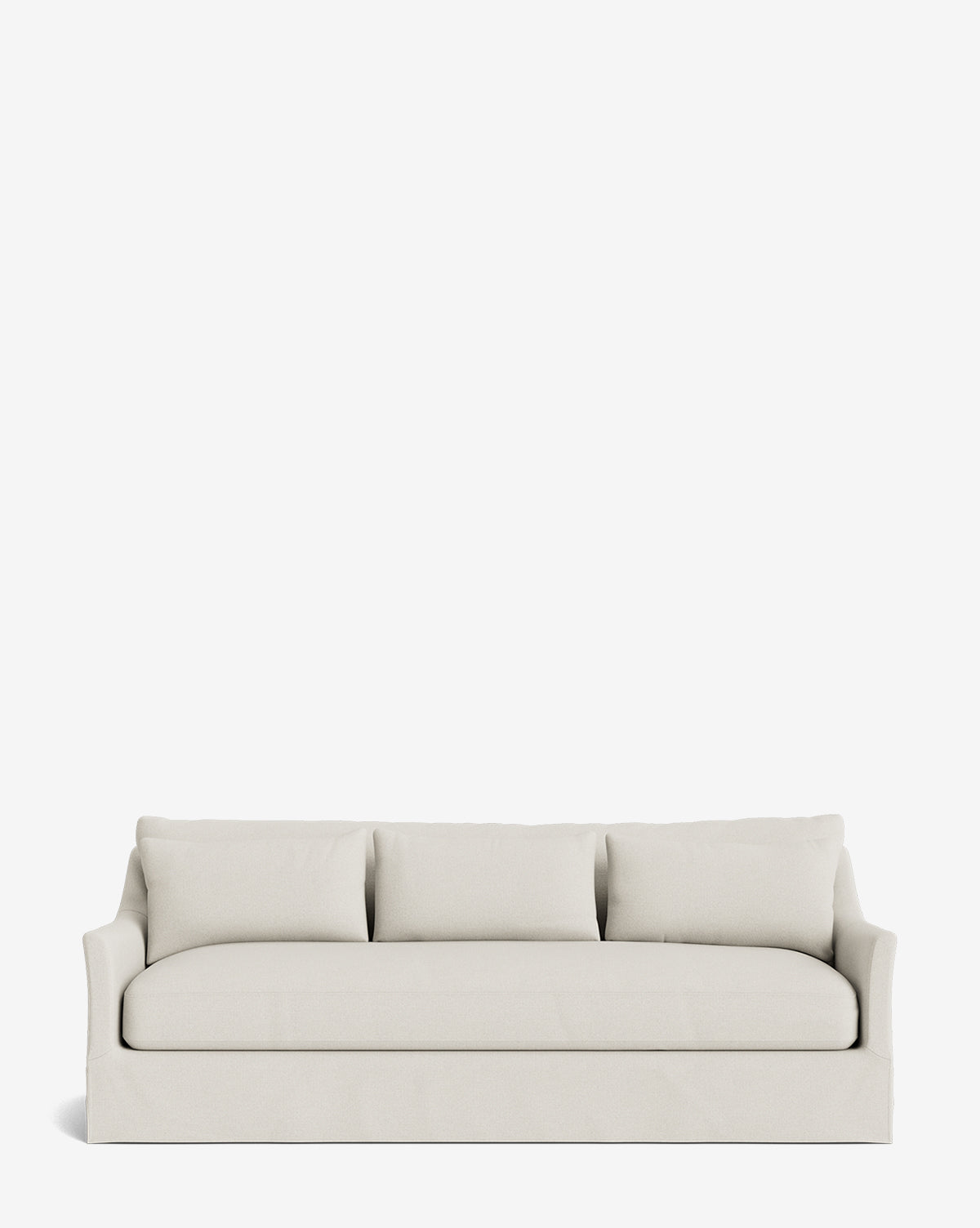 The Wilhelmina Deep Slipcover Sofa (85-110) features a modern, light beige design with three back cushions and gently curved armrests, offering luxurious seating against a plain white background, by McGee & Co.