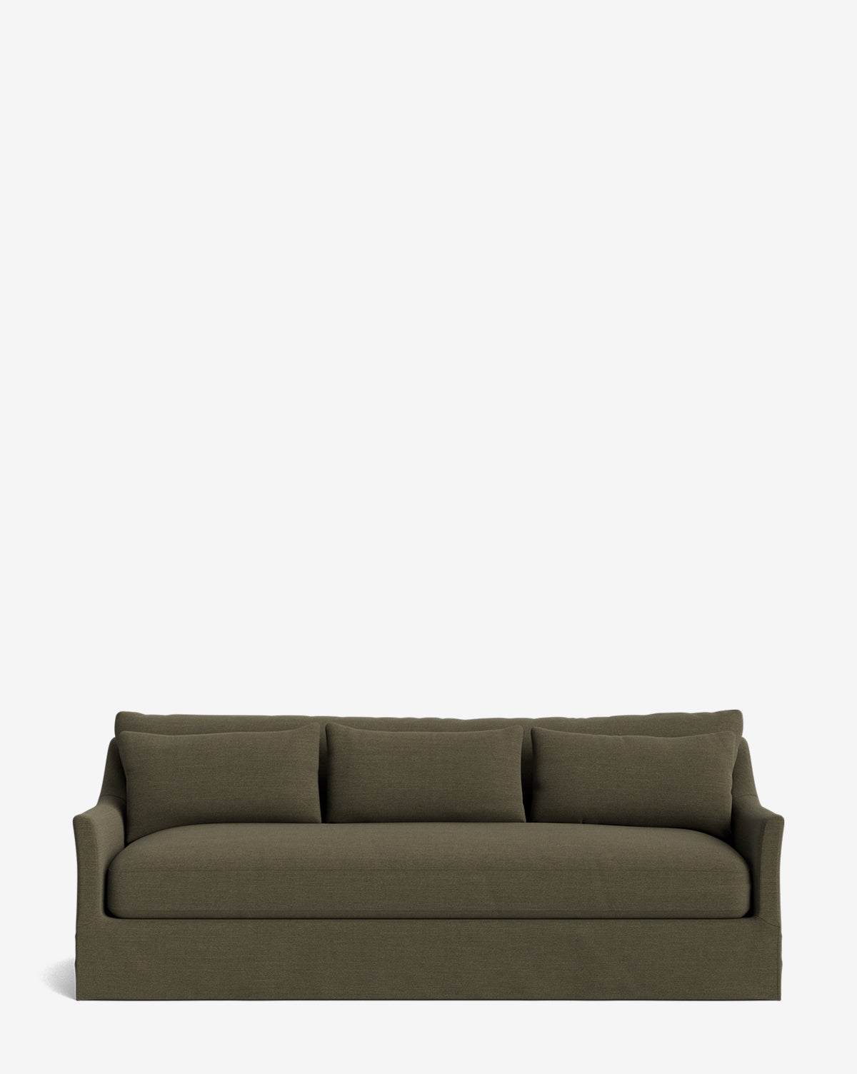 The Wilhelmina Deep Slipcover Sofa (85-110) in dark olive green features a skirted base and three back cushions, providing luxurious seating for three, shown here against a plain white background, by McGee & Co.
