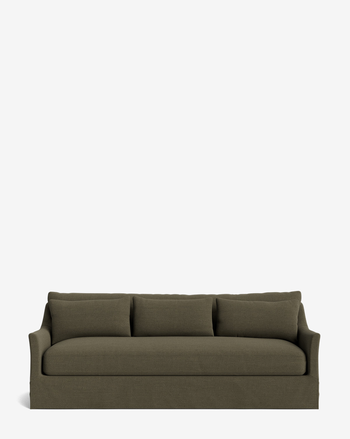 The Wilhelmina Deep Slipcover Sofa (85-110) in dark olive green features three seat cushions, matching back pillows, slightly flared arms, and a tailored skirt for a luxurious look against a plain white background by McGee & Co.