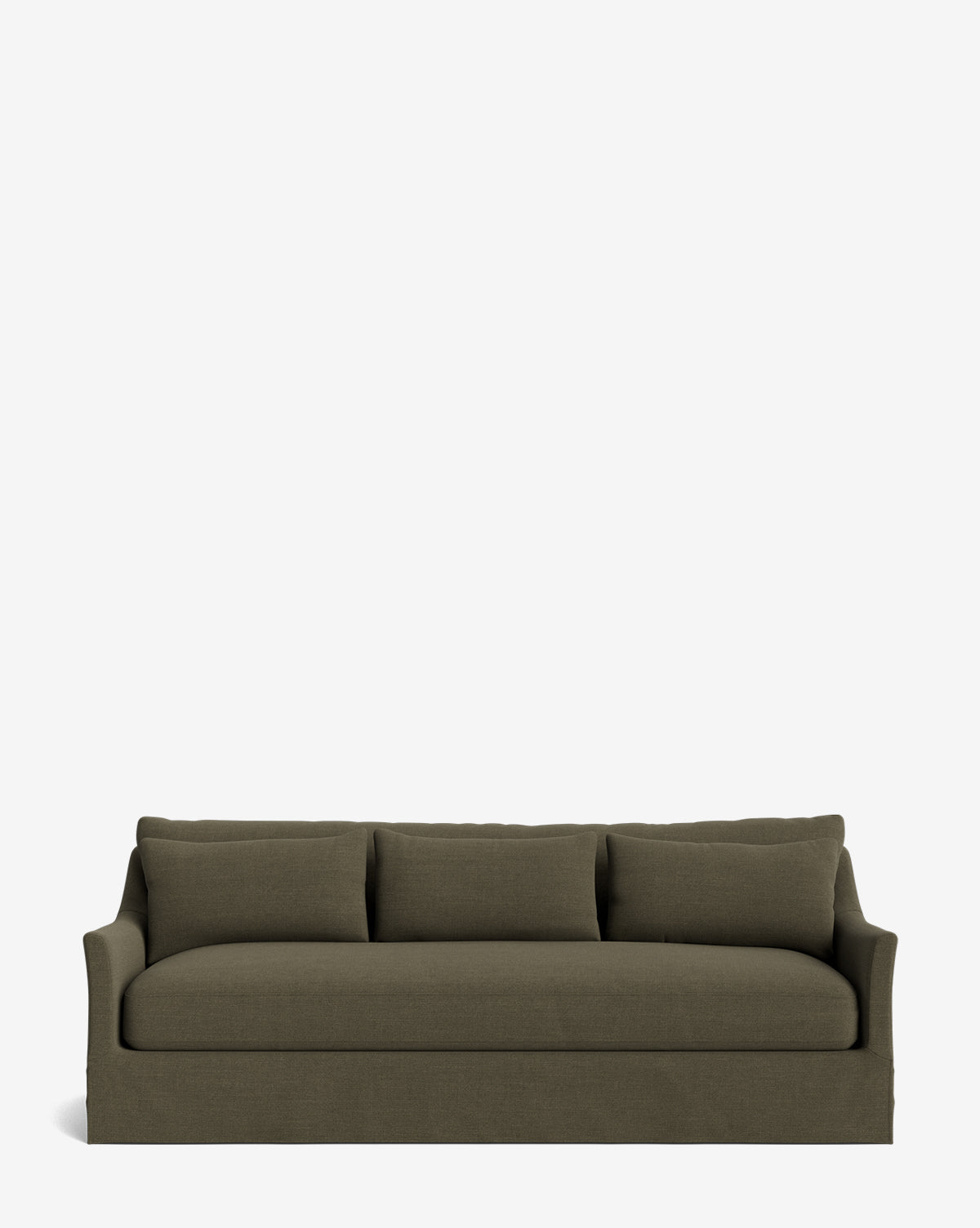 The Wilhelmina Deep Slipcover Sofa (85-110) in dark olive green features three seat cushions and matching backrest pillows, offering a luxurious seating experience against a plain white background, by McGee & Co.