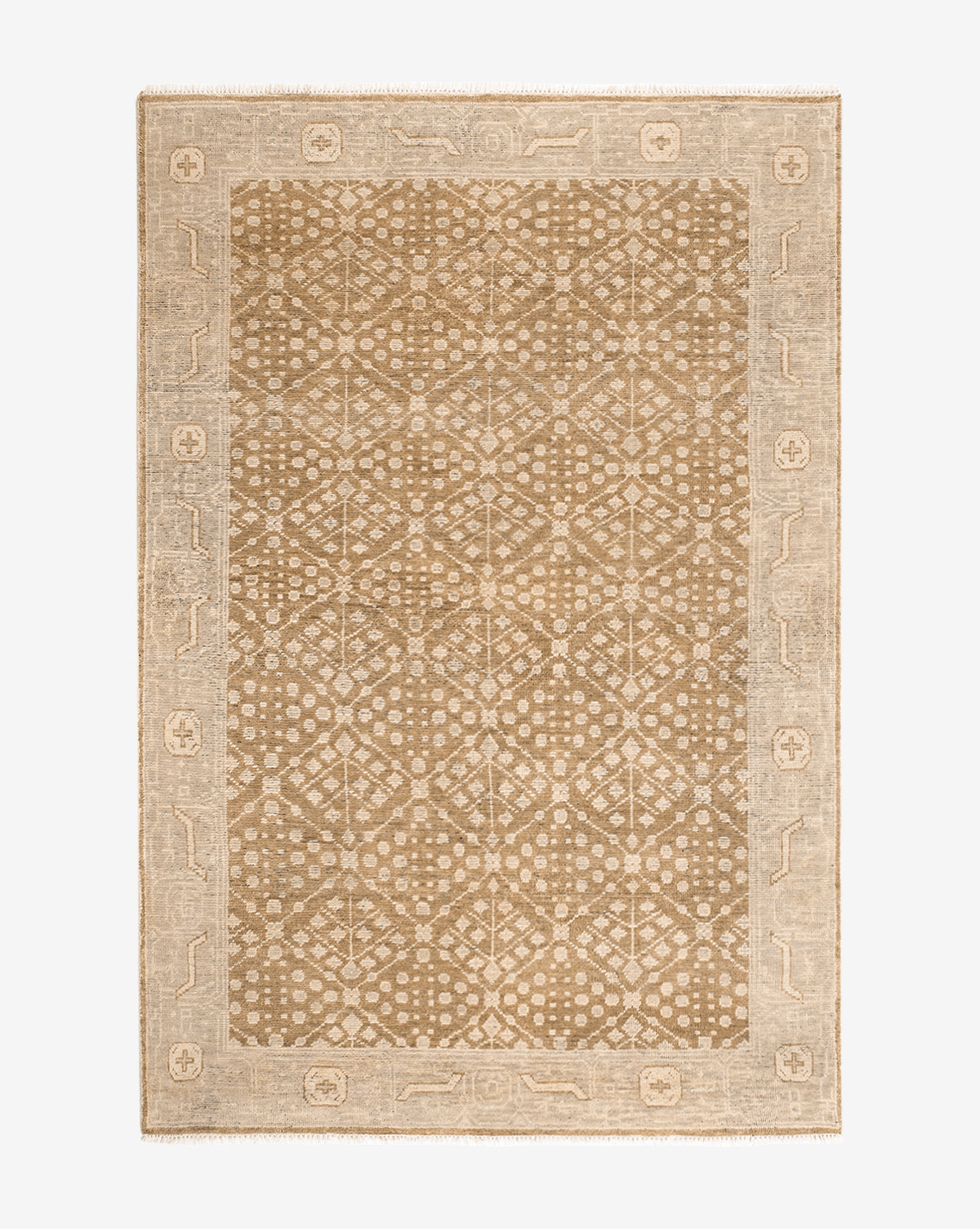 The Windsor Hand-Knotted Wool Rug showcases a beige and tan geometric center with a lighter solid border and subtle motifs, offering a symmetrical design in neutral hues for timeless appeal, by McGee & Co.