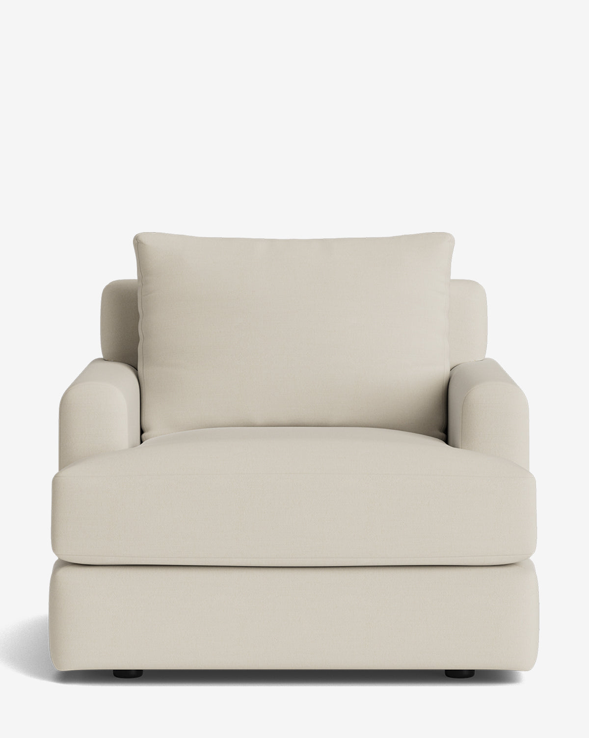 The Winthrop Lounge Chair features light beige upholstery, a thick seat cushion, wide arms, and a large back cushion, by McGee & Co. Its modern design is showcased against a plain white background.