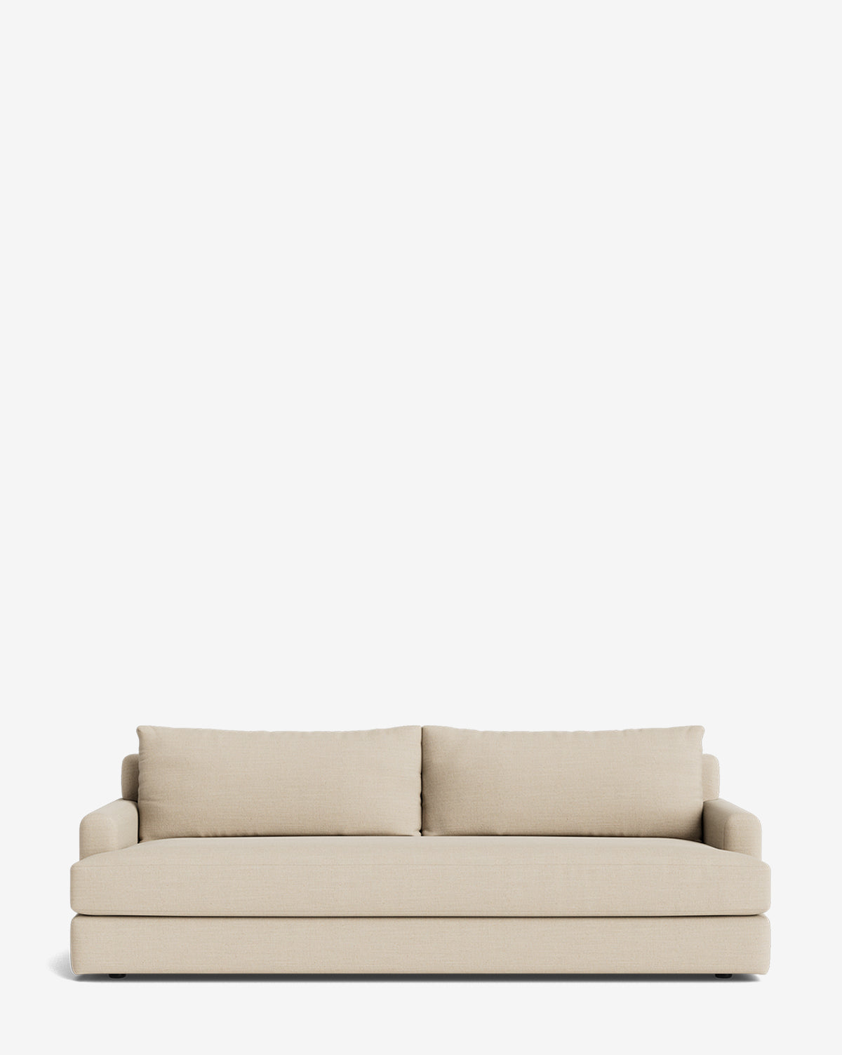 The Winthrop Sofa 90 is a beige, contemporary piece with two large back cushions and low, square armrests, showcased against a plain white background, by McGee & Co.
