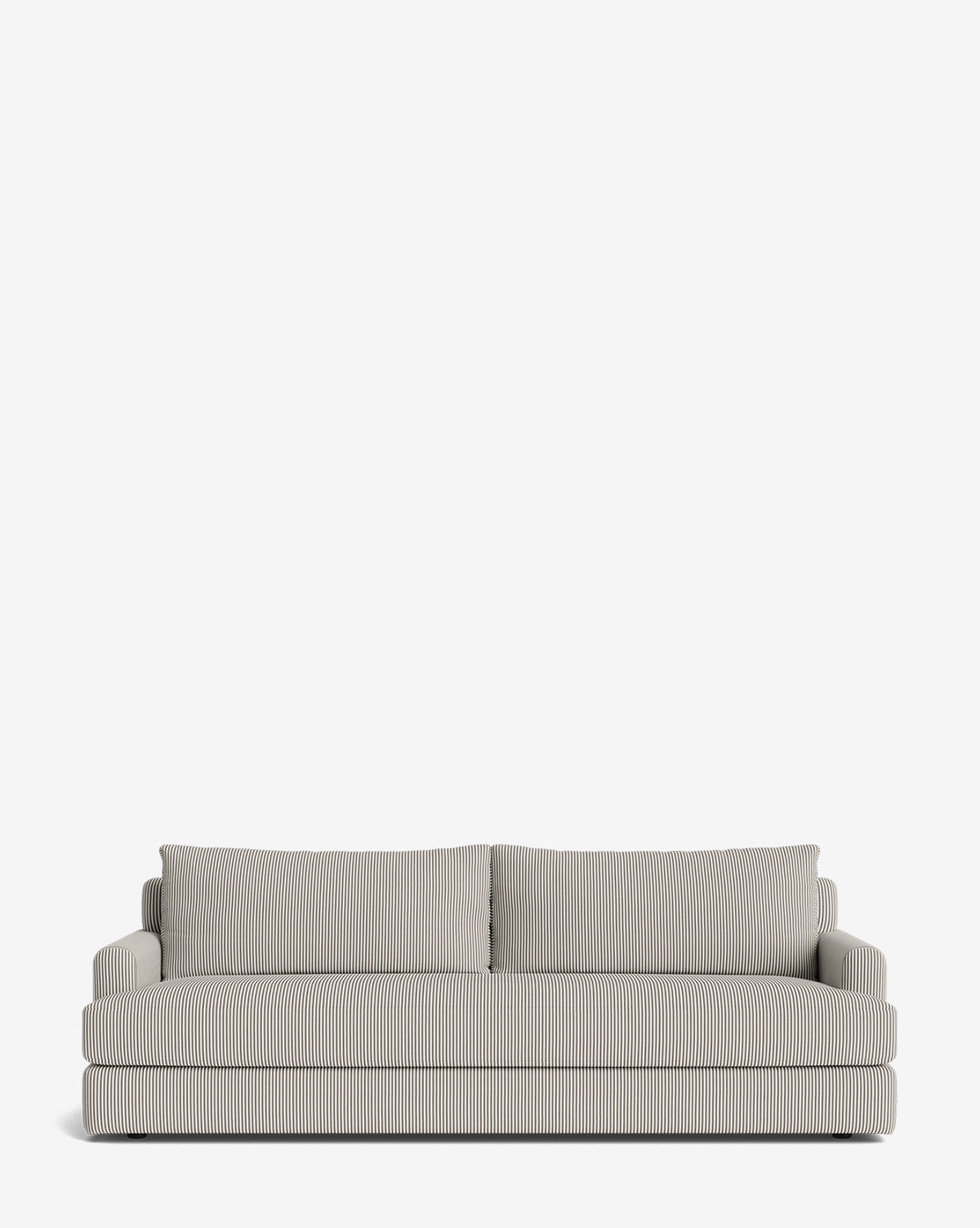 A contemporary beige Winthrop Sofa 90 with narrow vertical stripes and two large back cushions, set against a plain white background—perfect for any stylish space, by McGee & Co.