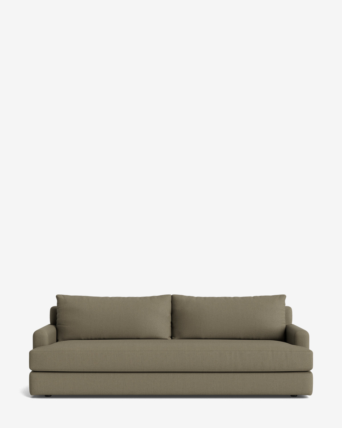 The Winthrop Sofa 90 is a modern, minimalist olive green sofa with two large matching back cushions and low arms, shown against a plain white background—ideal for stylish, uncluttered living spaces by McGee & Co.