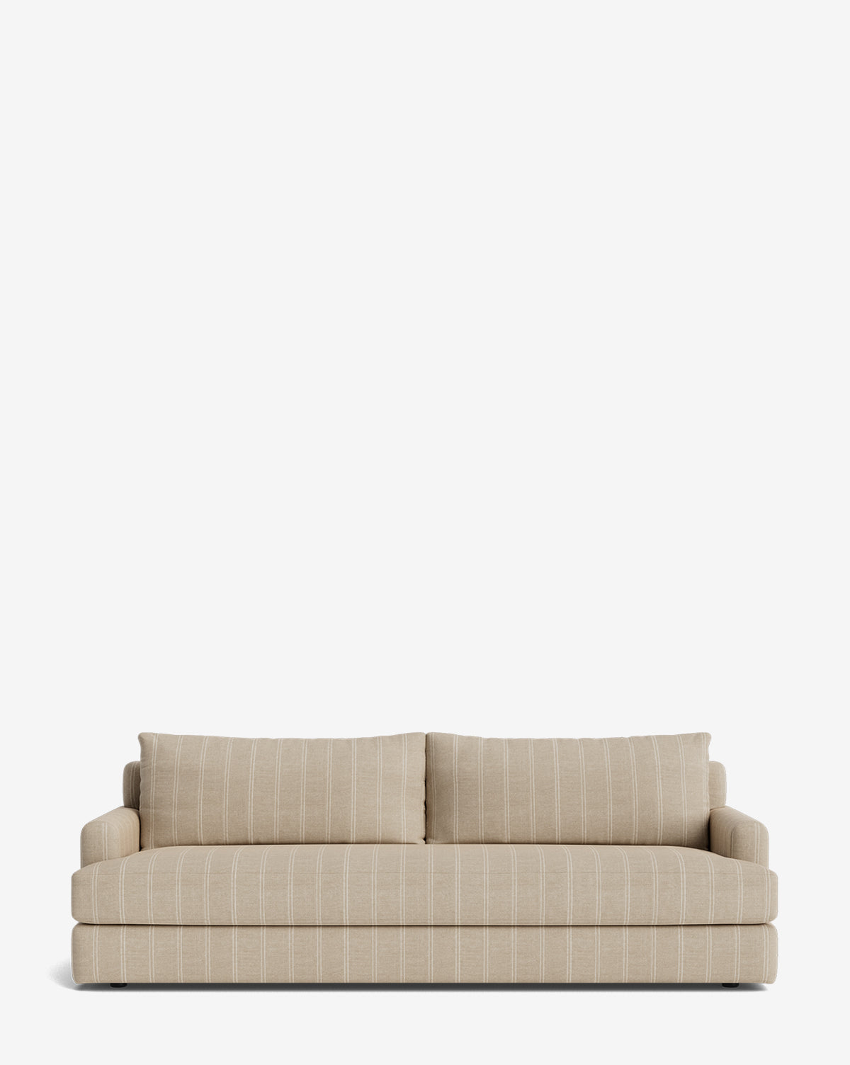 The Winthrop Sofa 90 is a beige, two-seater contemporary sofa with subtle white vertical stripes, square armrests, and two large back cushions, shown against a plain white background by McGee & Co.