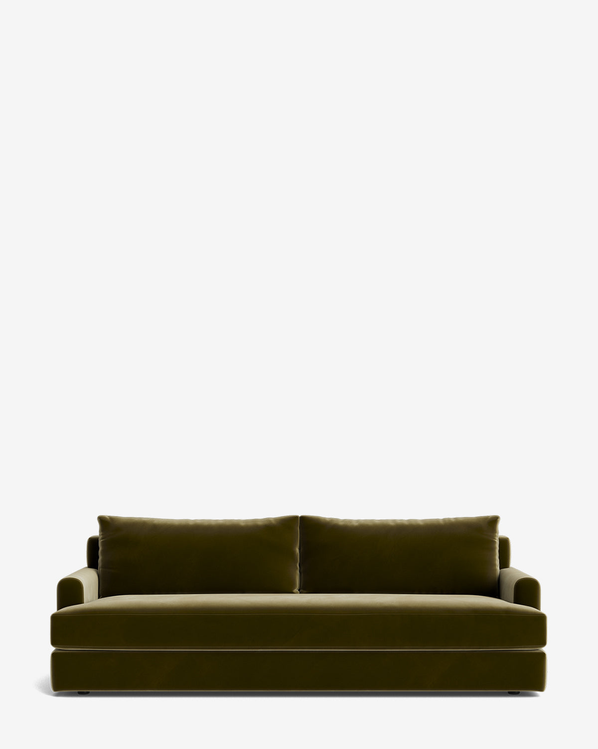 The Winthrop Sofa 90 is a modern olive green velvet, made-to-order sofa with two large seat cushions and matching back pillows, shown against a plain white background by McGee & Co.
