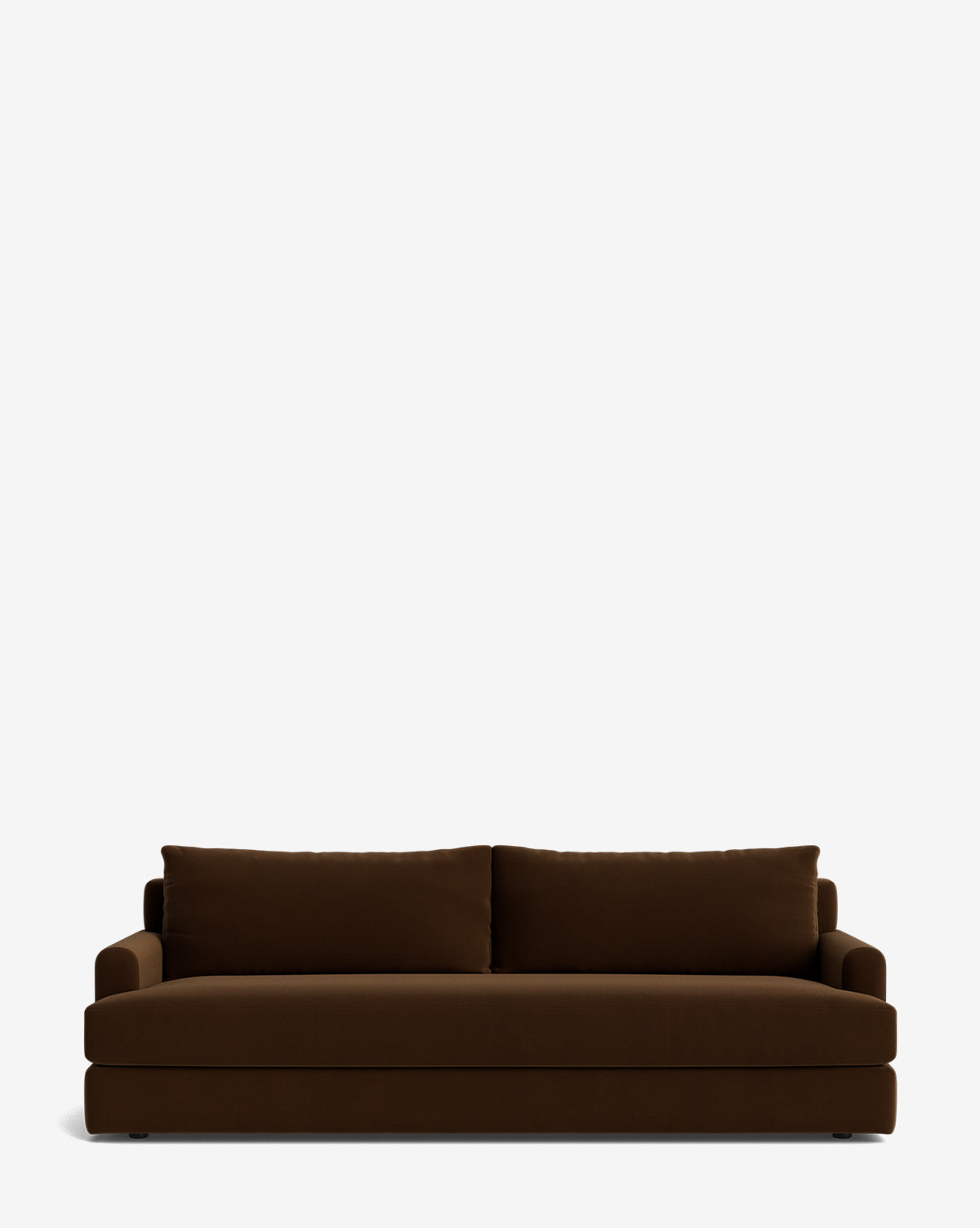 A modern, dark brown Winthrop Sofa 90 with two large back cushions and square arms sits against a plain white background—a contemporary piece perfect for any stylish living space by McGee & Co.