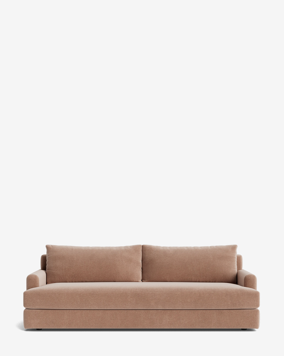 A contemporary, light brown Winthrop Sofa 90 with two large back cushions and wide armrests displayed against a plain white background by McGee & Co.