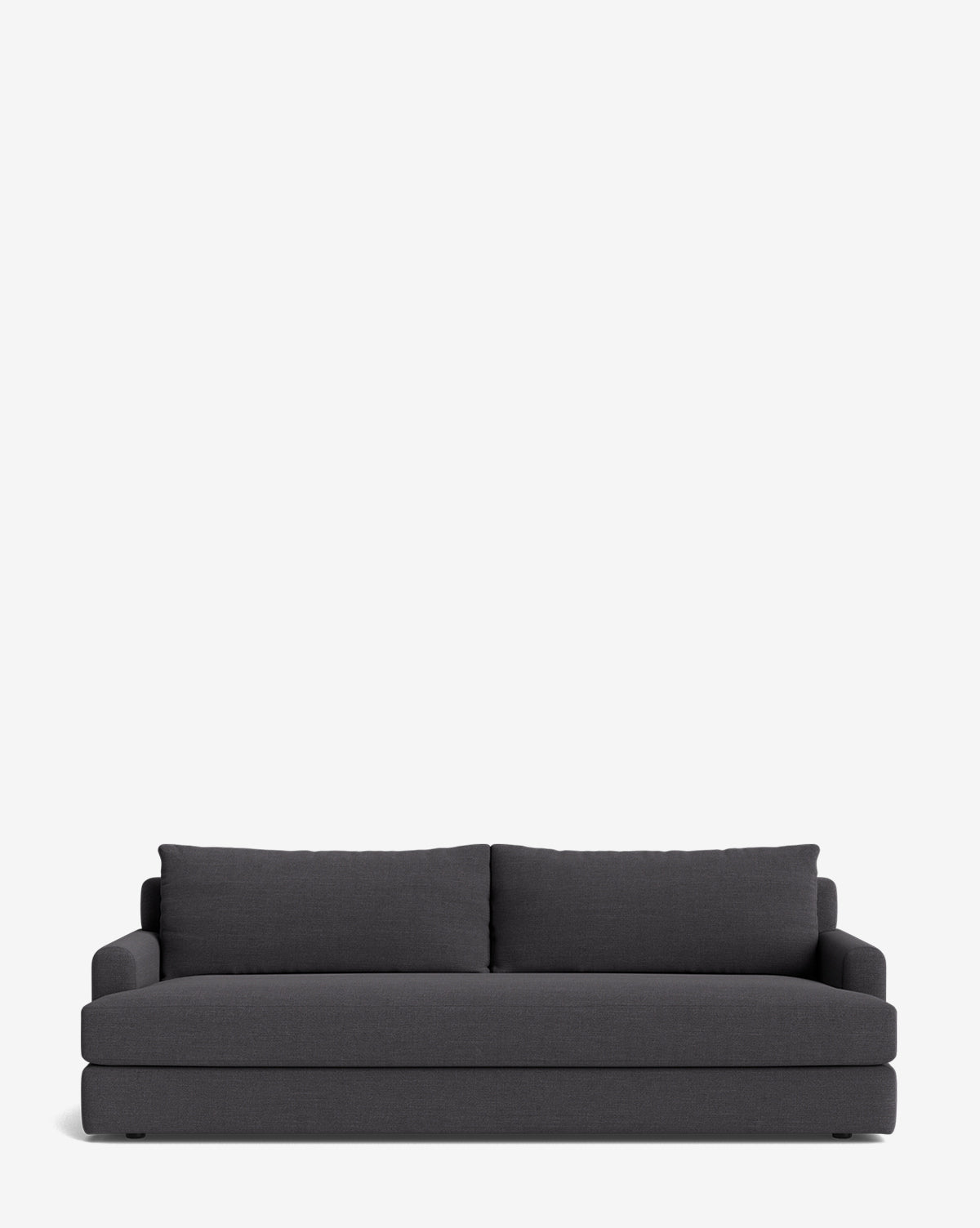 The Winthrop Sofa 90 features a dark gray, contemporary design with clean lines, two large back cushions, and armrests, shown against a plain white background by McGee & Co.