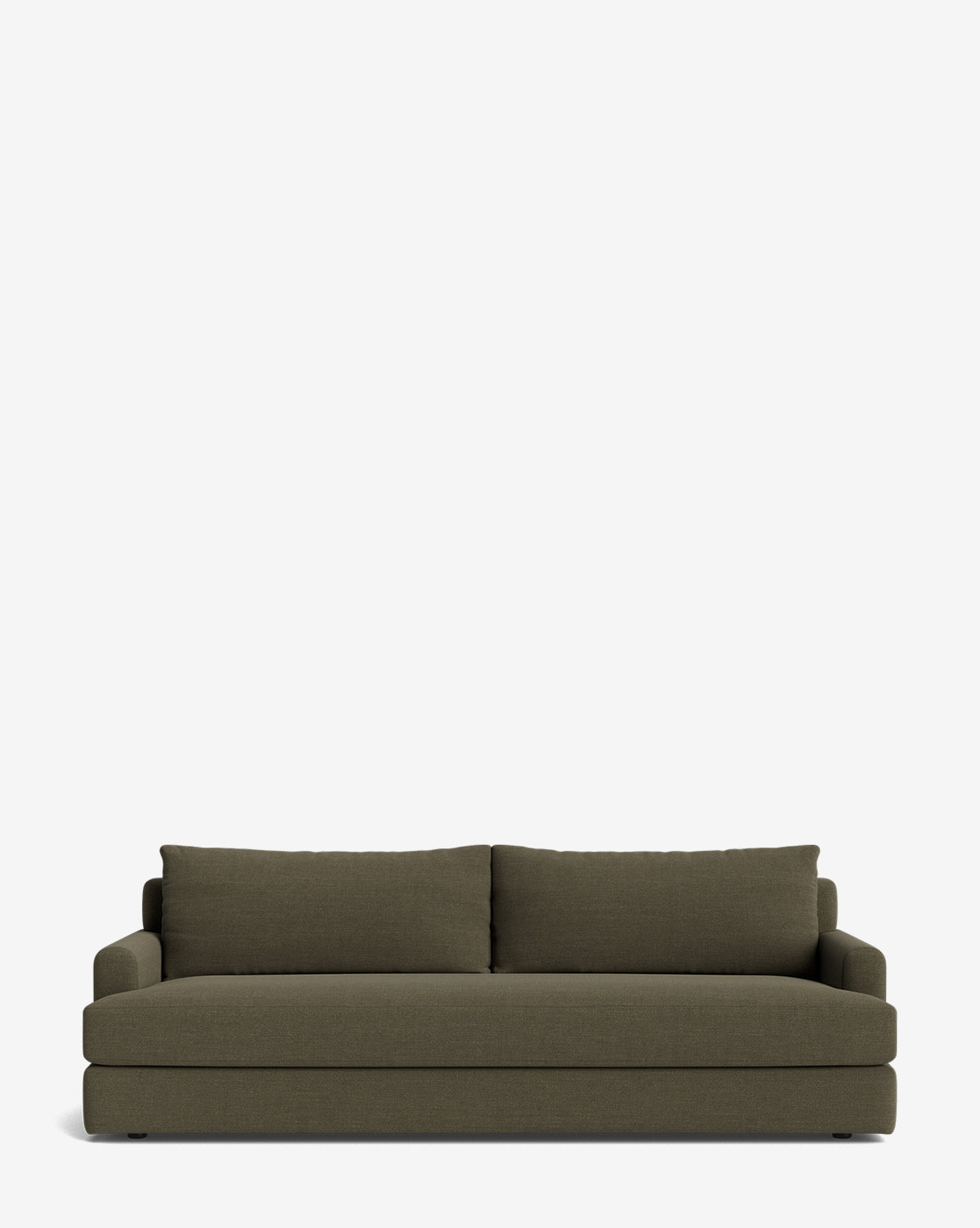 A modern olive-green Winthrop Sofa 90 with two large back cushions and low, squared armrests is set against a plain white background, blending contemporary style, comfort, and versatility for any living space, by McGee & Co.