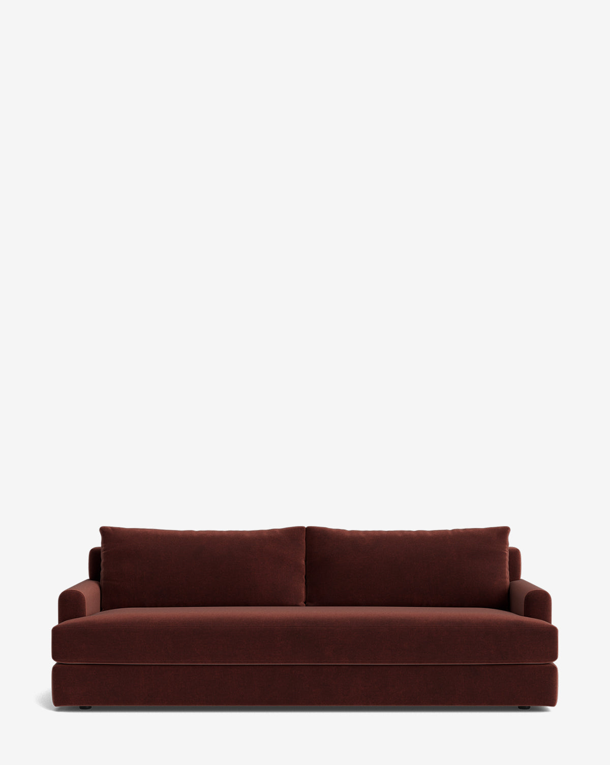 The Winthrop Sofa 90 is a modern, deep red piece with two large seat cushions and matching back cushions, featuring clean lines and a low profile for a sleek, contemporary look against a plain white background by McGee & Co.