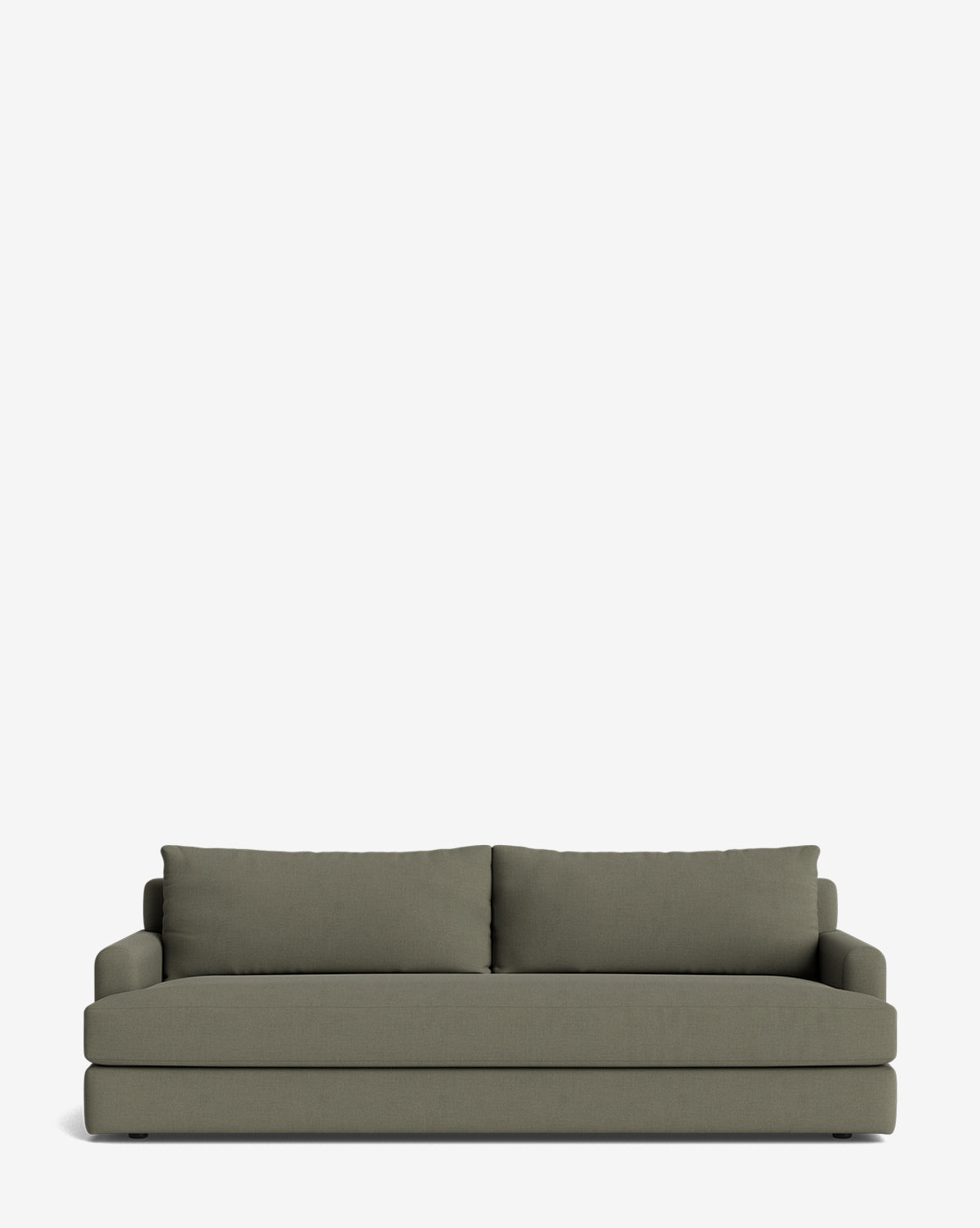 A modern olive green Winthrop Sofa 90 with two large back cushions and wide armrests, shown against a plain white background. This made-to-order sofa offers a minimalist, contemporary design, by McGee & Co.