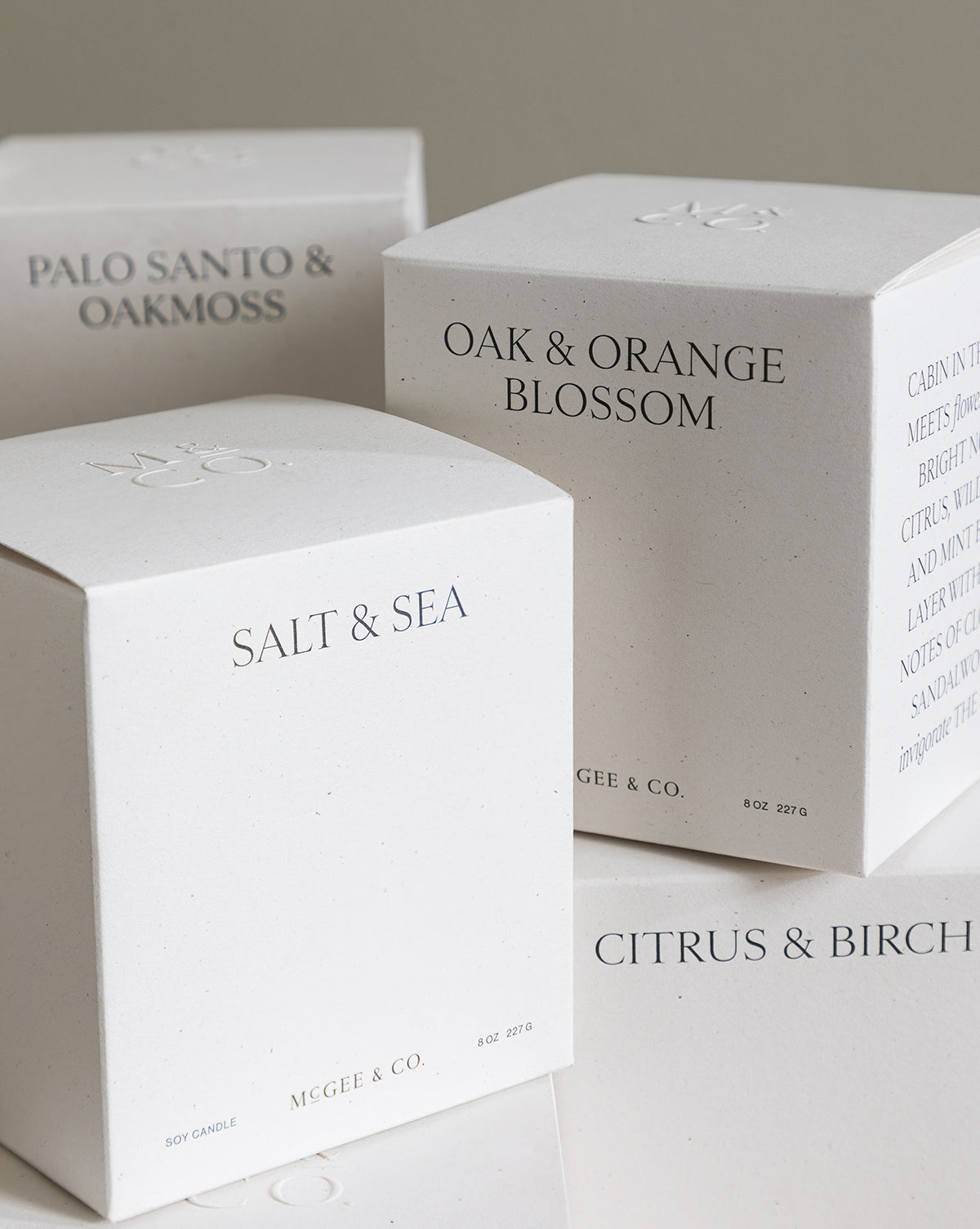 A white luxury candle box with minimalist black text displays the "Salt & Sea Candle" scent. The soy wax candle box features an elegant, modern design, by McGee & Co.