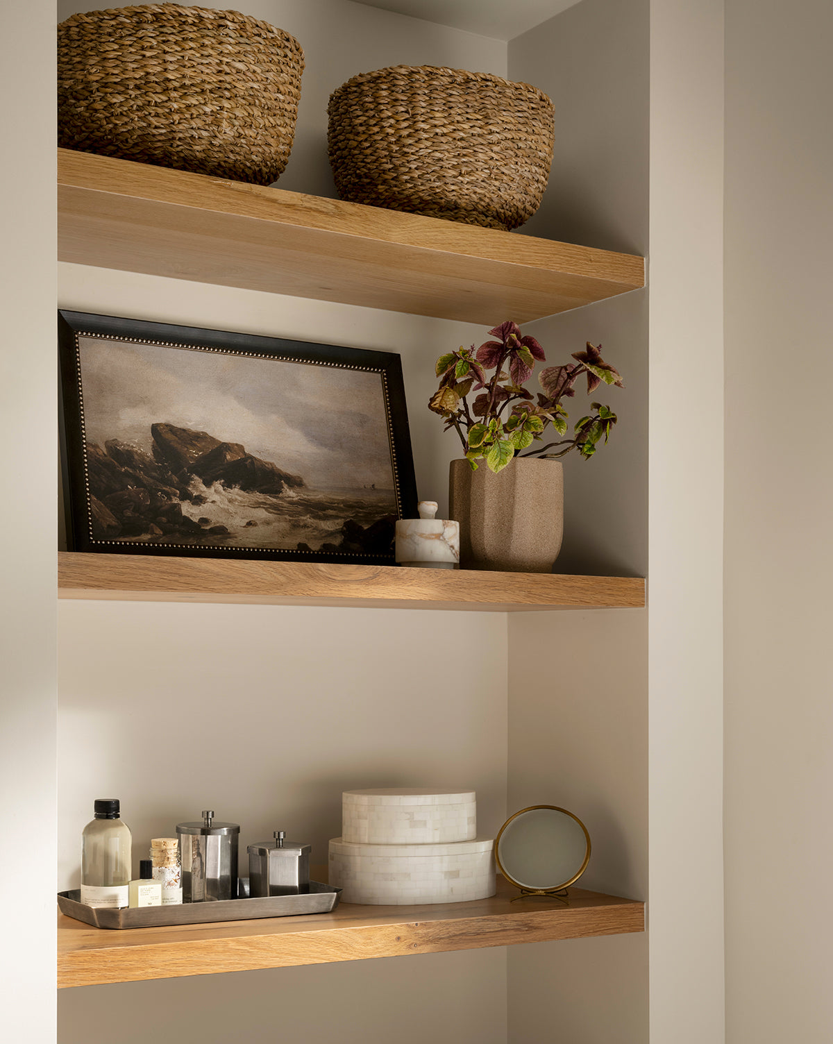 Trella Planter in small and medium sizes, styled together on an indoor shelf, from McGee & Co.