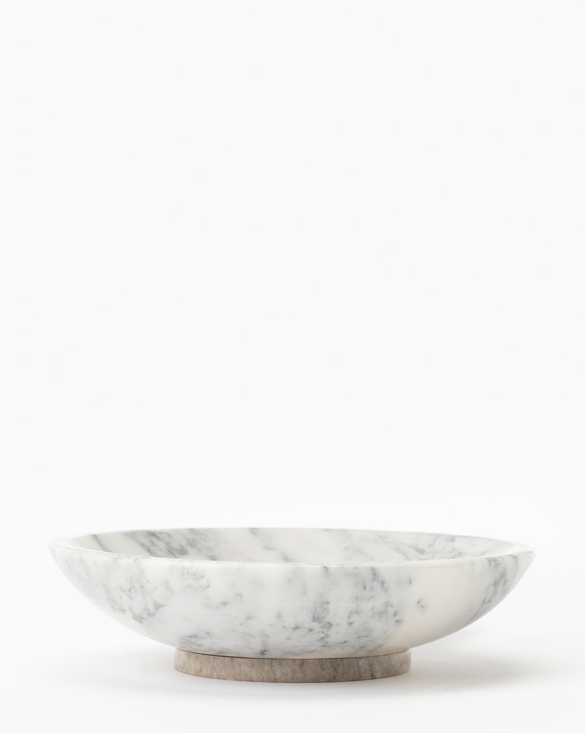 The Arabesco Marble Bowl, with elegant grey veining and a short circular base, serves as a striking decorative pedestal bowl against a plain white background.