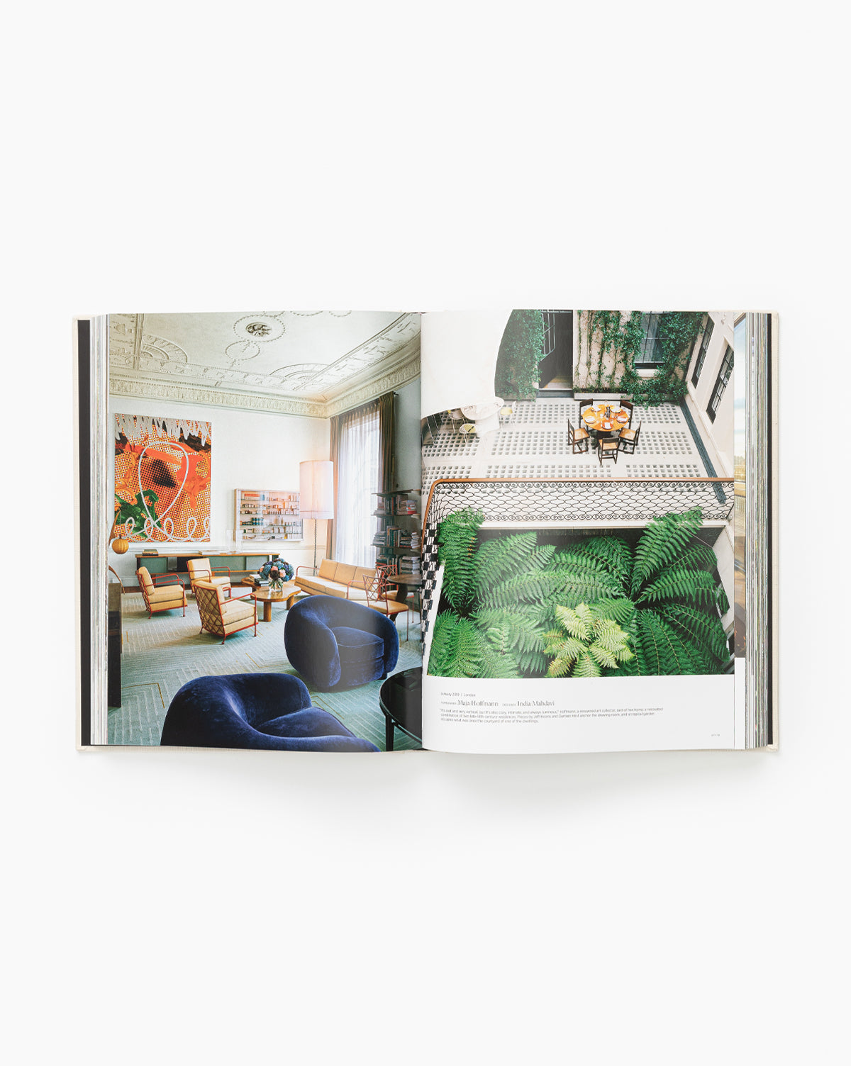 An open copy of Architectural Digest at 100 displays a modern living room on the left page and lush plants beside an elegant dining area on the right, inspiring interiors worthy of its namesake.