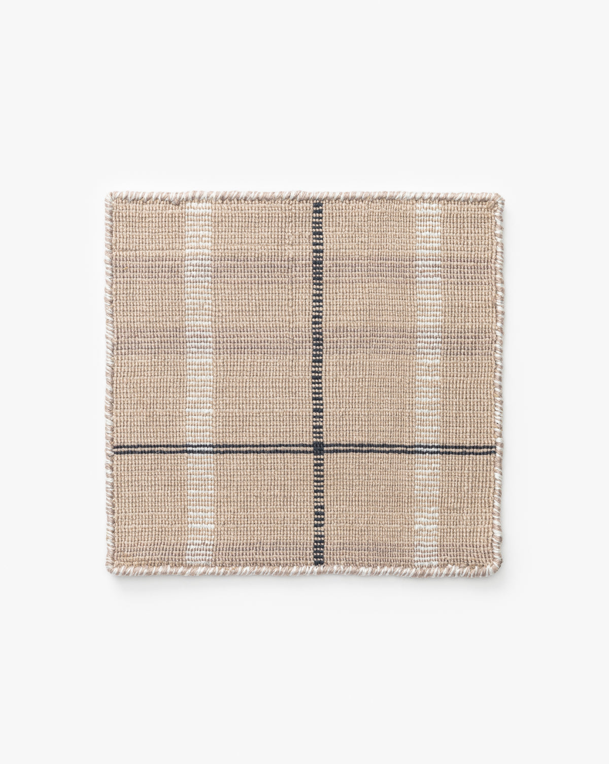 The Augustine Plaid Indoor / Outdoor Rug Swatch is a square beige handwoven rug with a simple plaid design—two thin black intersecting lines, thick white vertical bands, recycled materials, and white stitched edges on a plain background by McGee & Co.