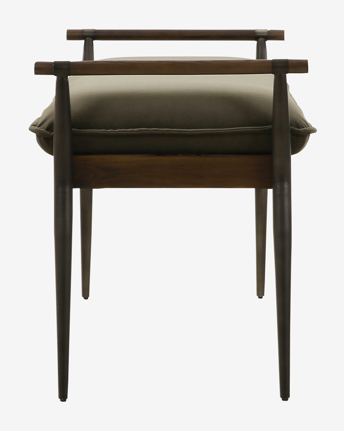 The Balfour Bench features a front view with four slender wooden legs, horizontal armrests on each side, and a rectangular olive green upholstered cushion by McGee & Co.