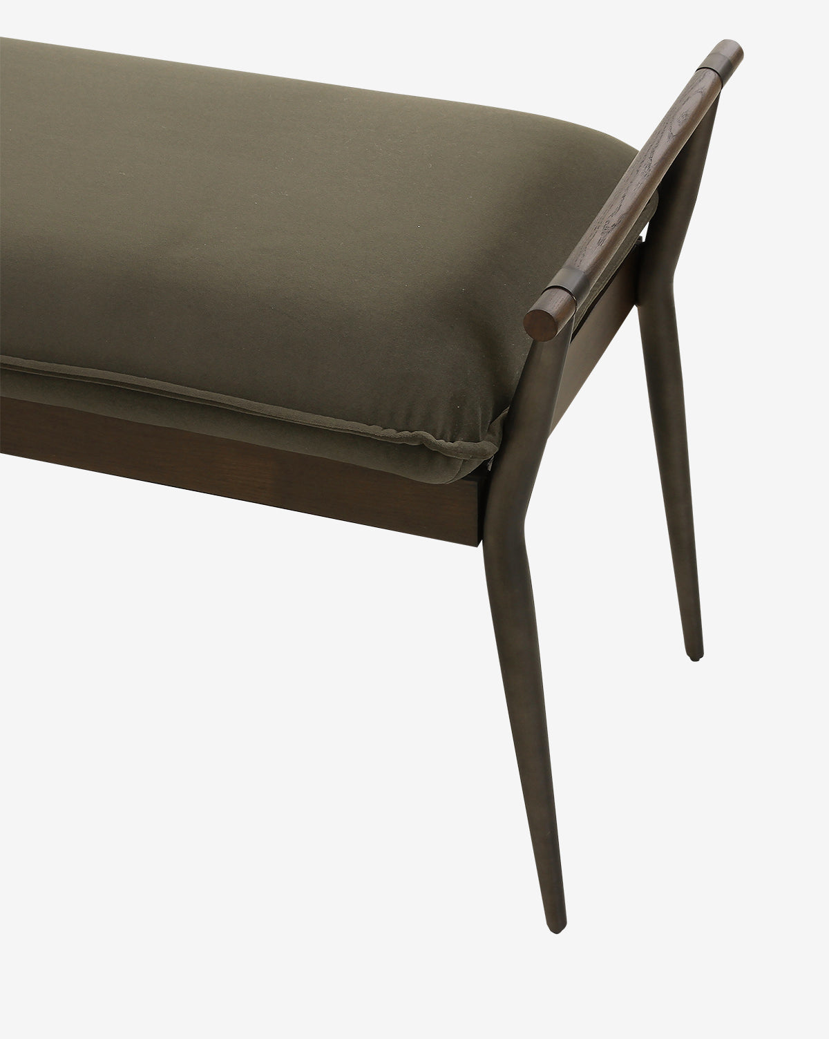 The Balfour Bench features steel legs, a dark wood frame, and an olive green upholstered cushion seat, shown here in close-up against a white background by McGee & Co.