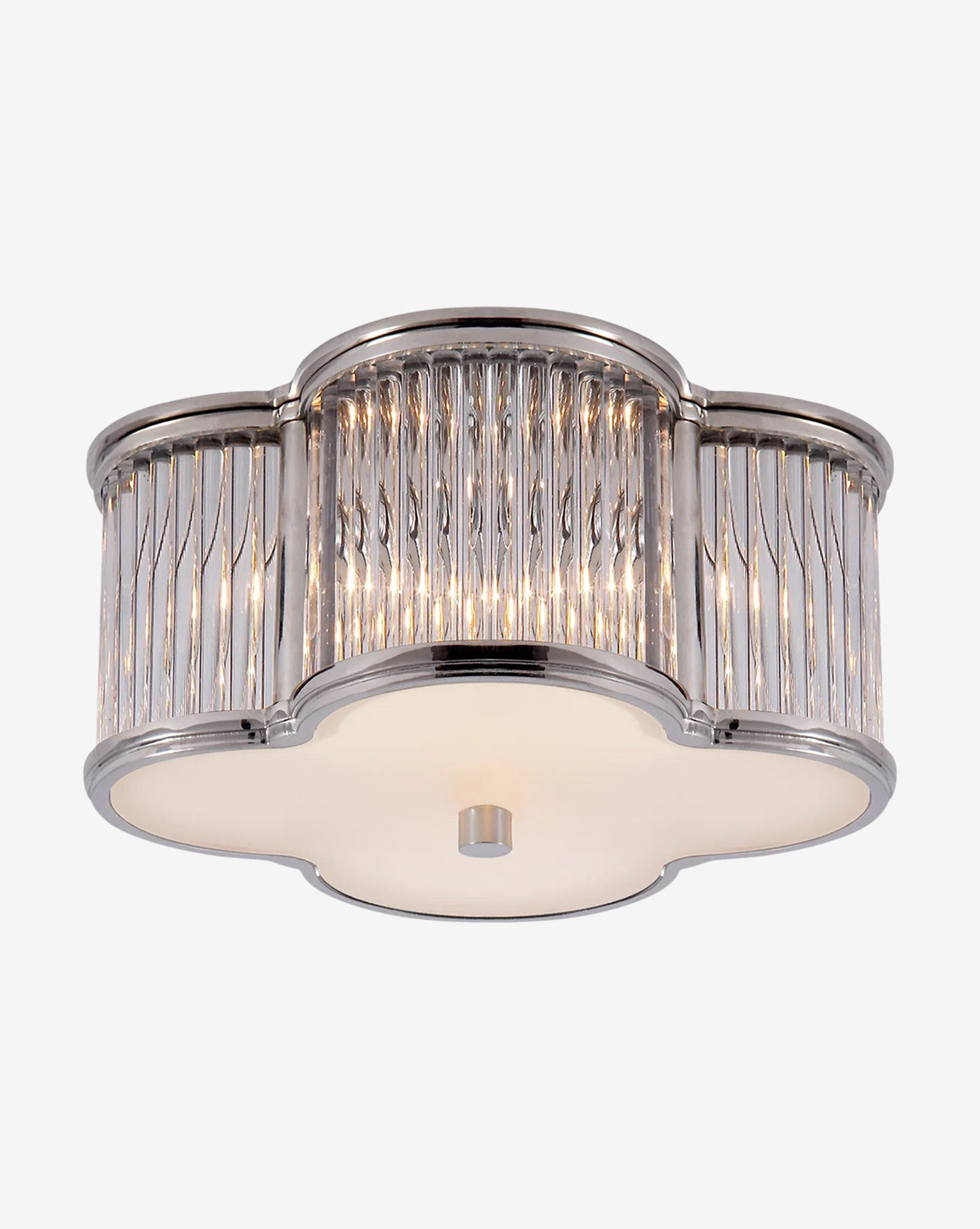 The Basil Flush Mount by Visual Comfort & Co. Signature features a polished chrome frame, vertical glass rod accents, and a white clover-shaped frosted glass diffuser for a modern look. McGee & Co.