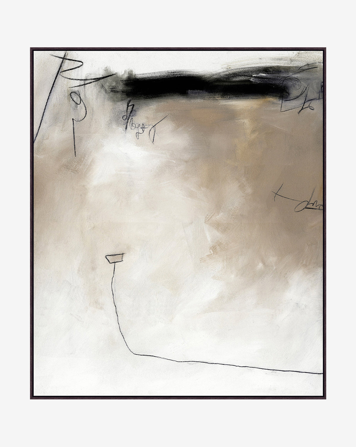 Blurred Lines features abstract art with a beige and white background, black and grey smudges, scattered scribbles, and a thin black line leading to a small rectangle—ideal as textured wall art.