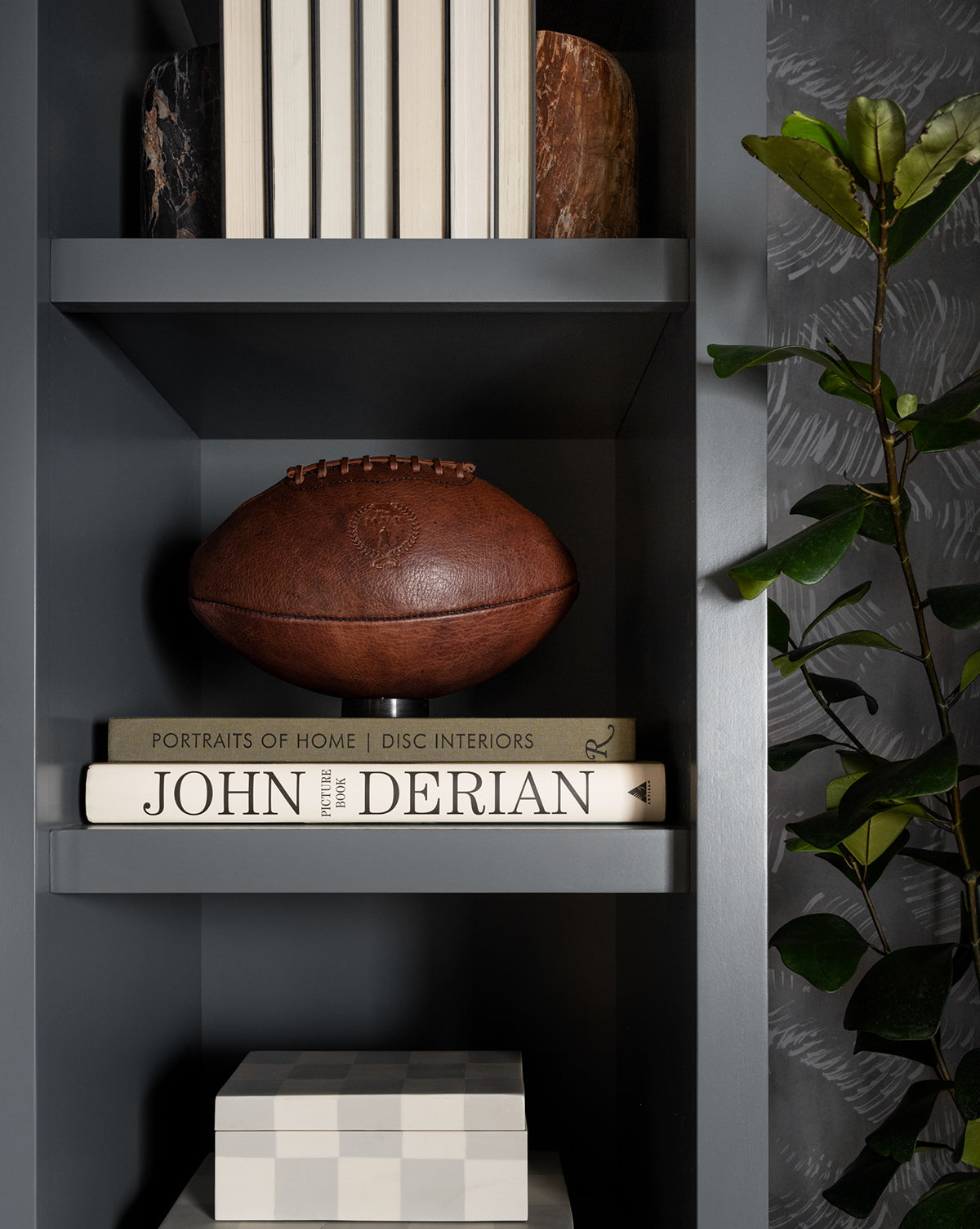 A dark gray bookshelf displays vertical books held by Petrified Wood Bookends, a brown decorative box, a vintage leather football, two stacked books, and a checkered box. A leafy plant is partly visible on the right.