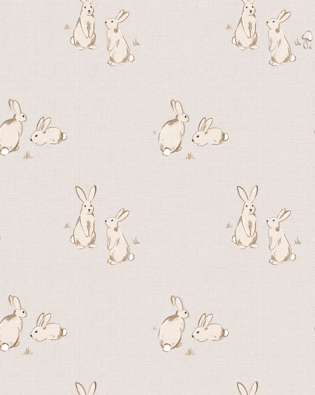 Wallpaper with soft taupe bunnies on a muted gray background in a playful, pastel design by McGee & Co.