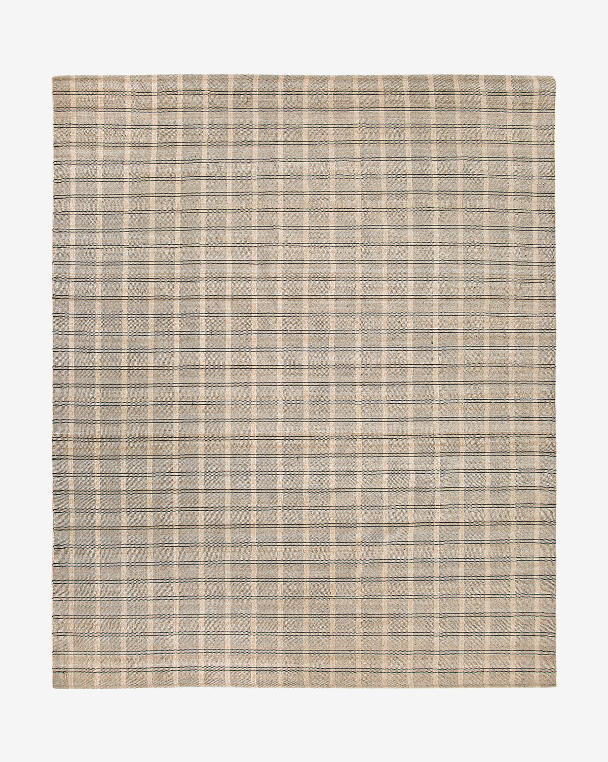 The Carlisle Handwoven Indoor/Outdoor Rug is a square rug with a plaid pattern of intersecting beige and gray lines on a neutral background. Its woven texture, neat edges, and durable design make it ideal for versatile spaces by McGee & Co.