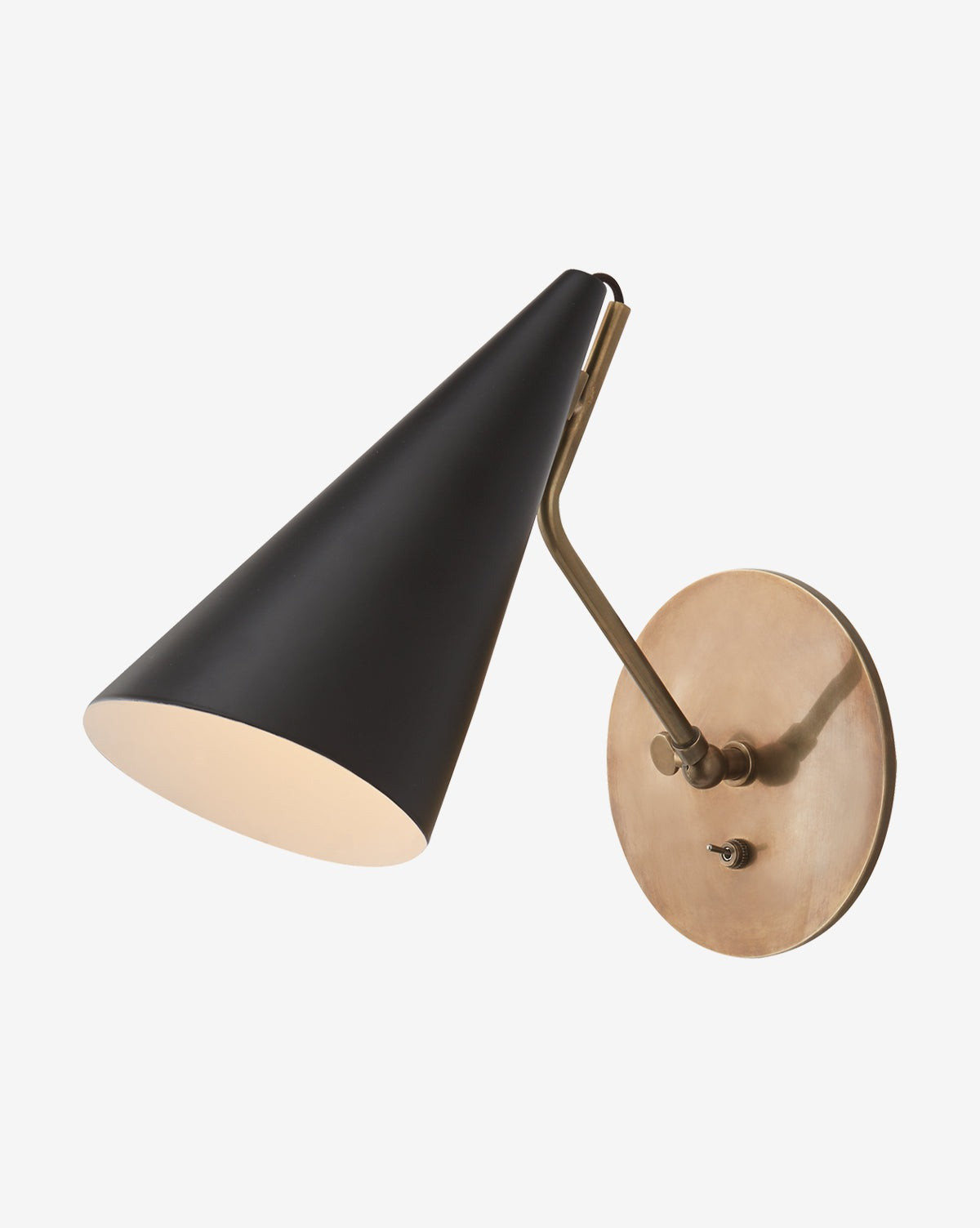The Clemente Single Sconce by Visual Comfort & Co. Signature features a black conical shade, round gold base, angled brass arm, and toggle switch—a chic lighting option for any space by McGee & Co.