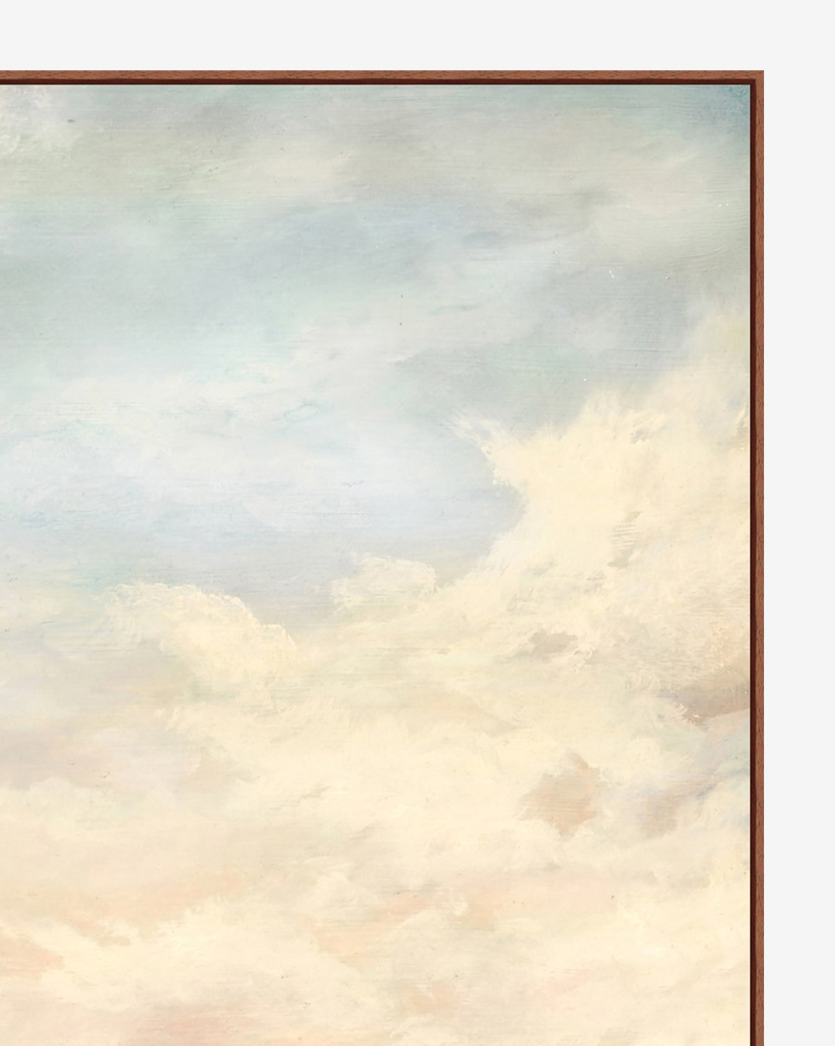 Only the upper right section of Cotton Candy Clouds—a framed painting featuring a serene, partly cloudy sky in soft blue, white, and pastel hues with creative color play—is visible.