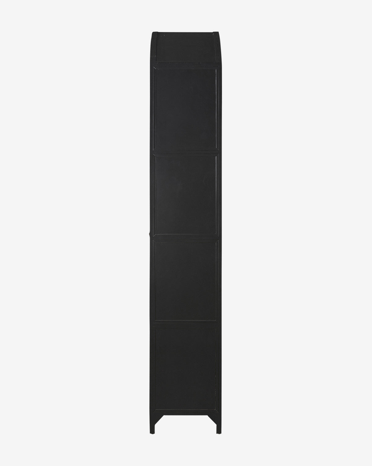 The Darcie Wide Cabinet features a tall, narrow black iron frame with smooth flat surfaces and gently curved top edges, showcased from the side against a plain white background, by McGee & Co.