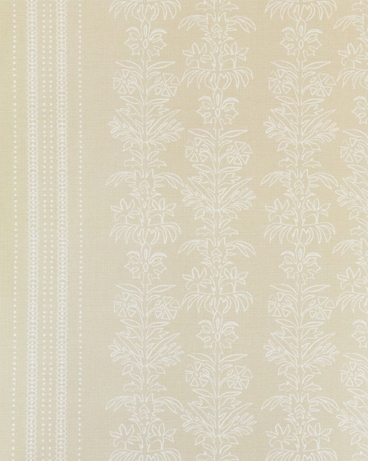 Demi Floral Stripe Wallpaper by York Wallcoverings features beige fabric with white floral and dotted vertical patterns—dotted lines on the left and symmetrical floral motifs on the right—for a refined, elegant look by McGee & Co.