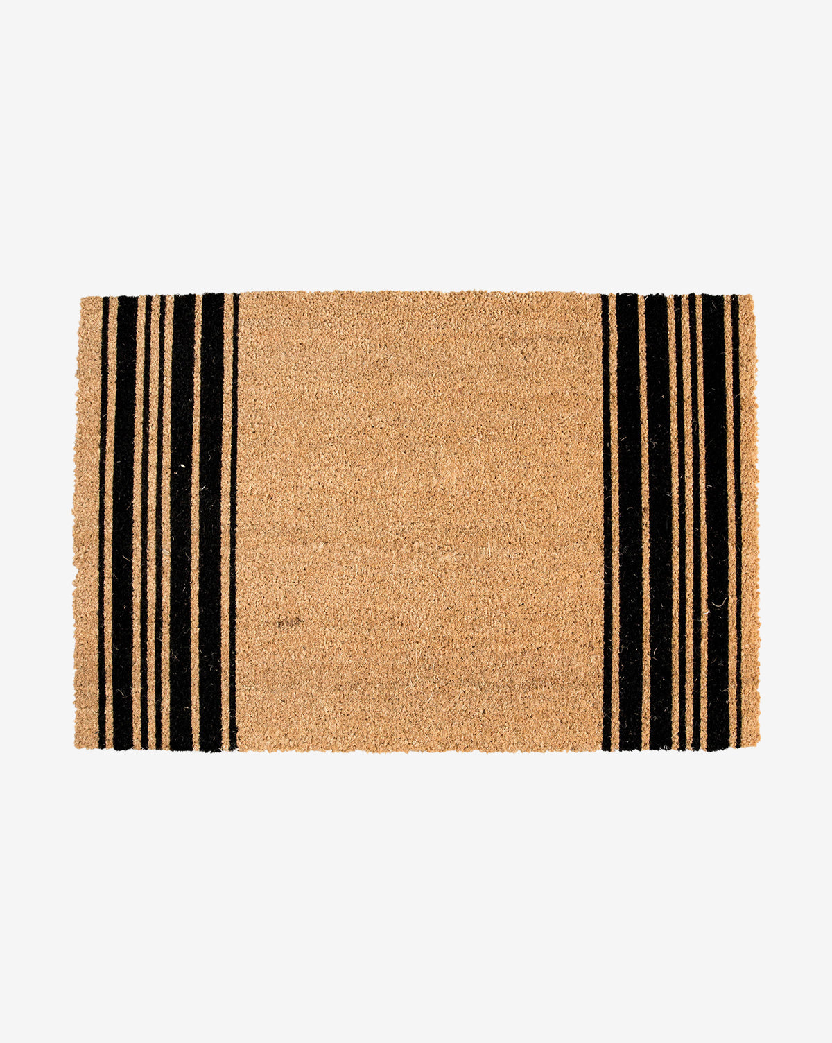 The French Stripe Doormat features a natural brown coir center with black stripes on each short edge, adding classic style to your front door. Shown on a plain white background, it makes a timeless addition to outdoor rug collections by McGee & Co.