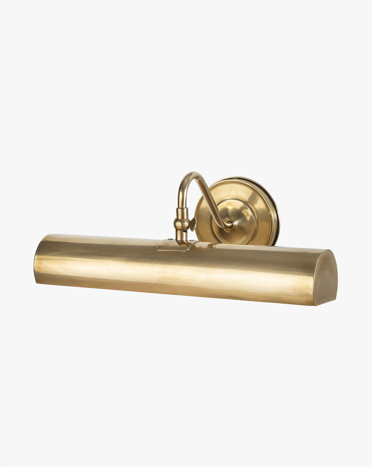 The Gallery Picture Sconce, vintage-inspired with a cylindrical shade and curved arm on a round backplate in burnished bronze, is shown against a white background by McGee & Co.