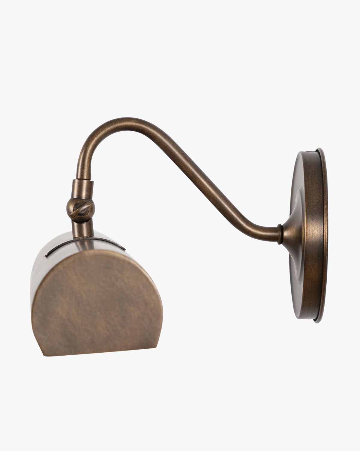 Side view of the Gallery Picture Sconce, a wall-mounted, vintage-inspired light with a burnished bronze finish, curved arm, and rectangular shade shown against a plain white background by McGee & Co.