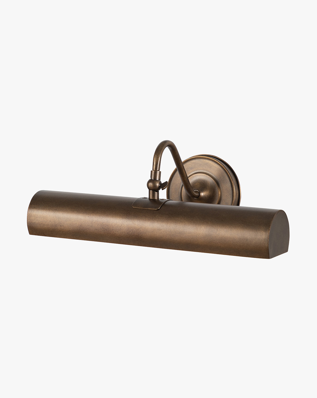 The Makerspalm Gallery Picture Sconce features a burnished bronze finish, cylindrical shade, curved arm, and round base—designed to illuminate artwork or photos with vintage-inspired elegance. McGee & Co.