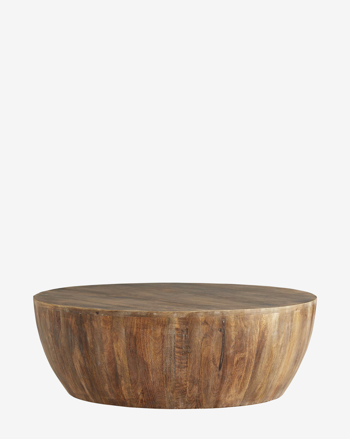 The Jensen Coffee Table is a round, low-profile piece featuring natural wood slats, a smooth finish, and visible grain patterns, shown against a plain white background by McGee & Co.