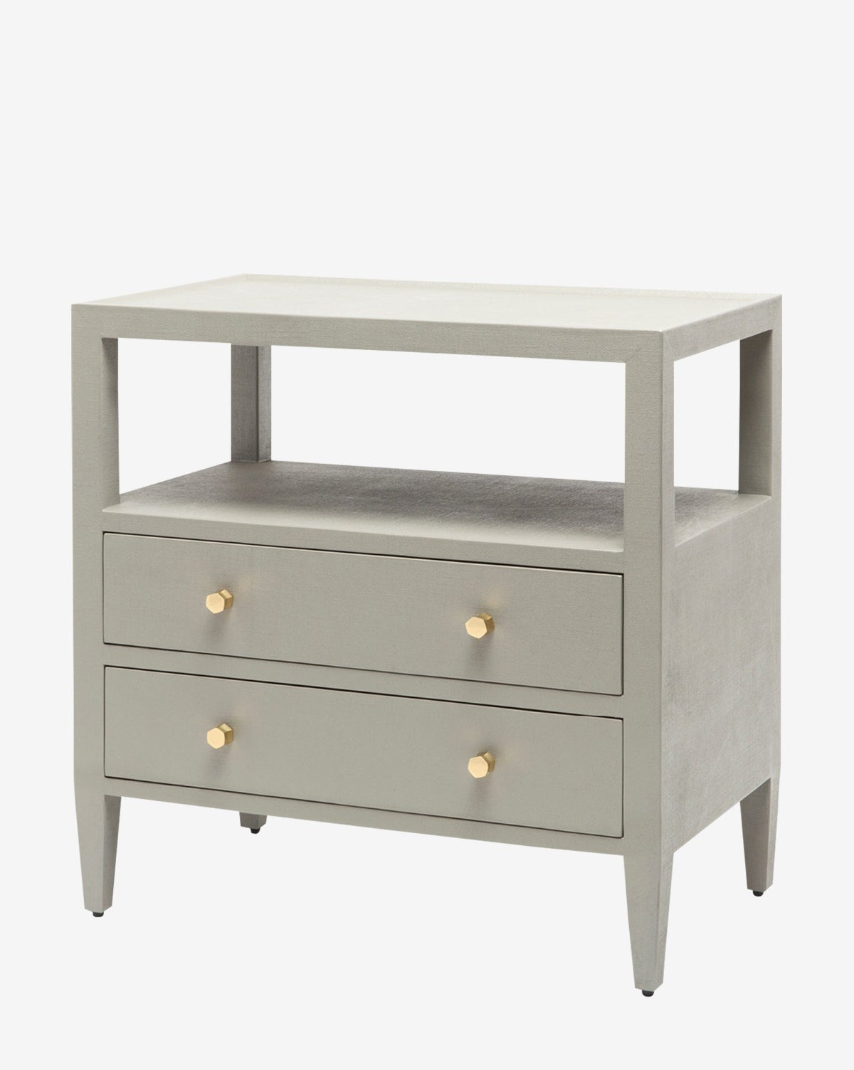 The Josiah Double Nightstand features a modern light gray faux Belgian linen finish, two drawers with round gold knobs, an open-air shelf above the drawers, and stands on four elegant tapered legs, by McGee & Co.