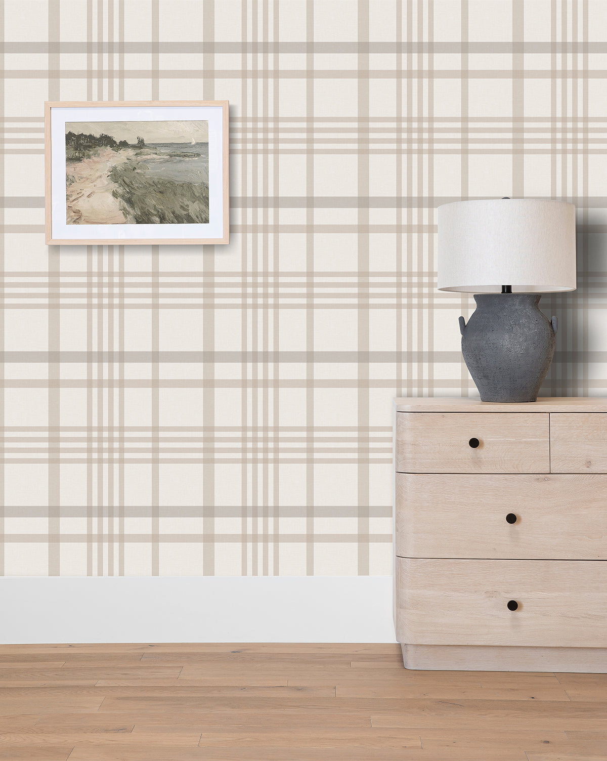 Custom plaid wallpaper in soft neutral tans and cream from McGee & Co.