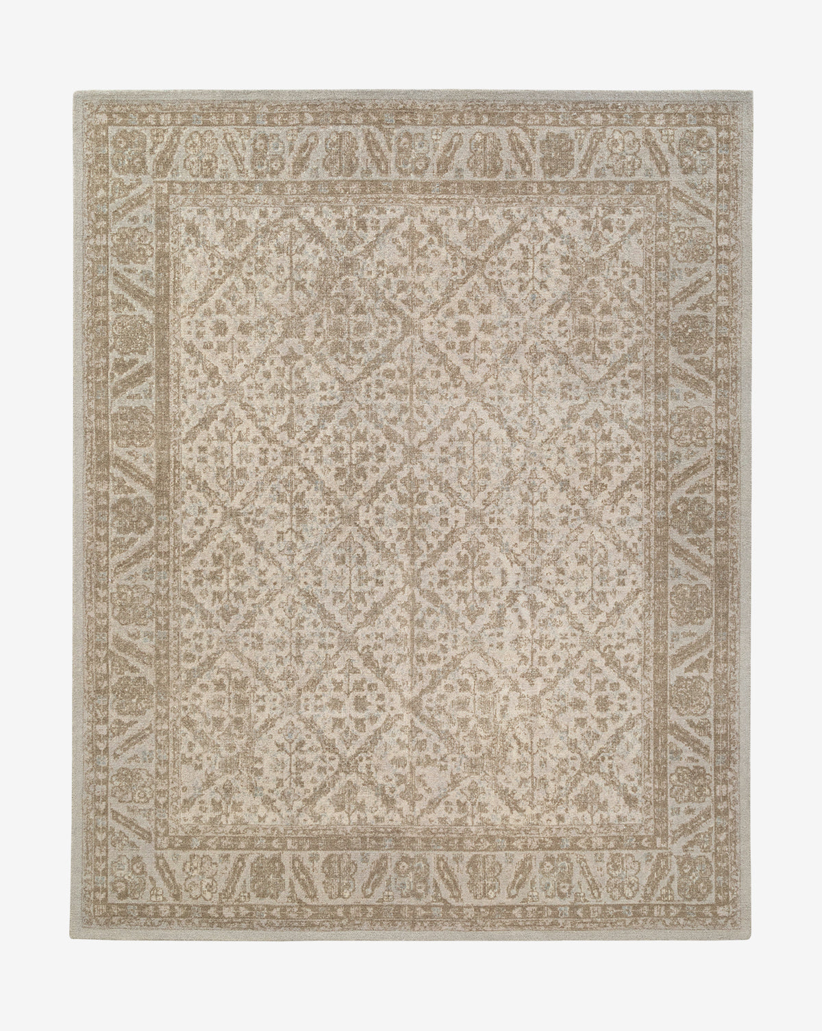The Lambeth Hand-Tufted Wool Rug features beige and light brown tones with an intricate symmetrical floral and vine pattern, plus a detailed decorative border for a timeless traditional look, by McGee & Co.