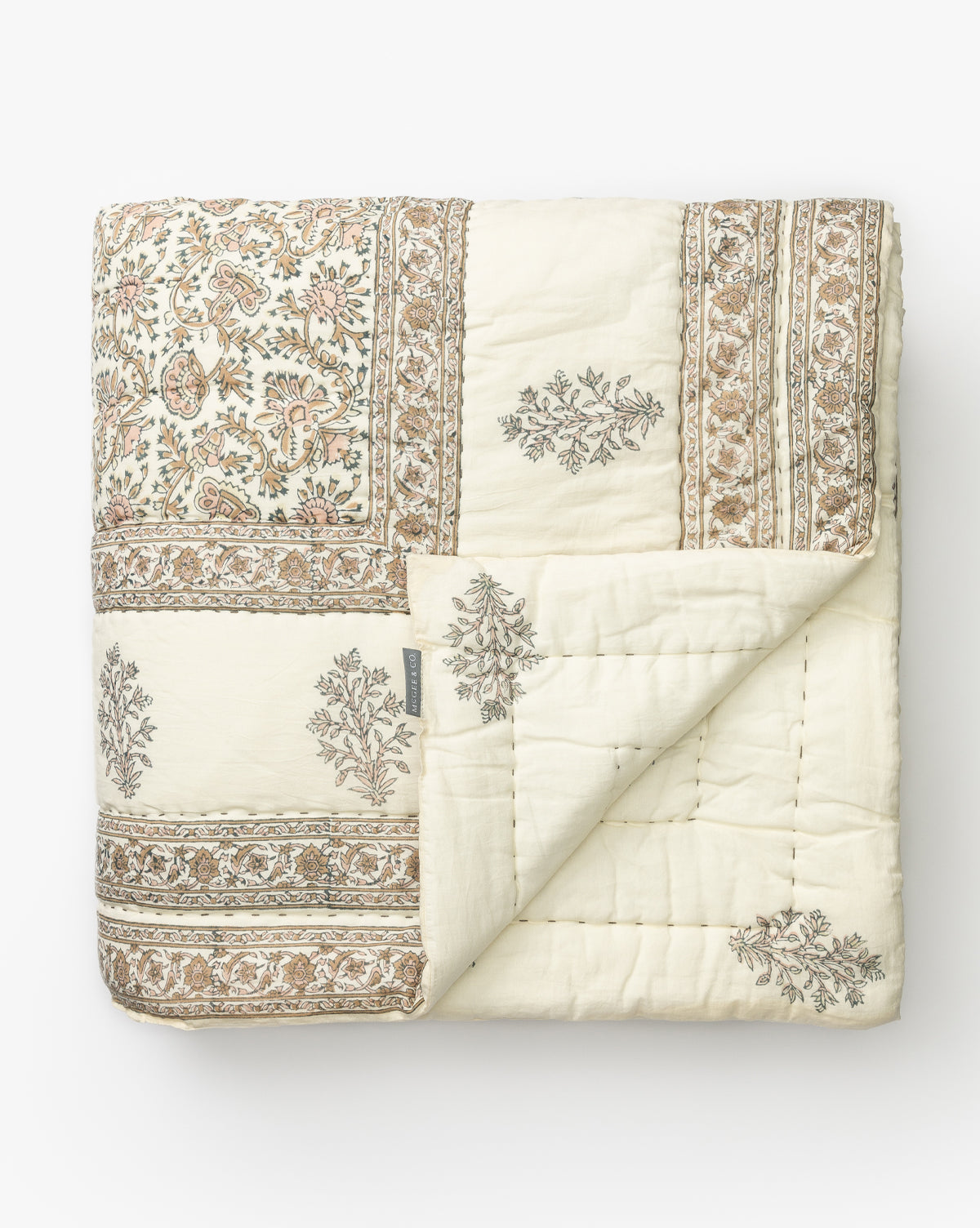 block print, block print quilt, floral quilt, patterned bedding