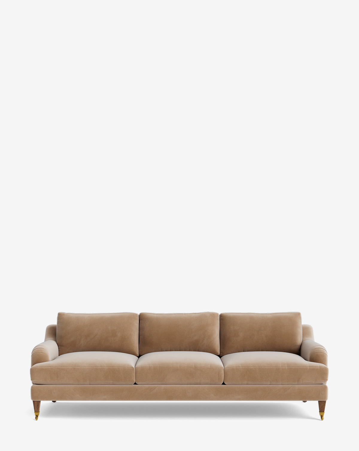 The Lucille English Roll Arm Sofa 90.5 features tan velvet upholstery, three down-wrapped cushions, classic English roll arms, and short wooden legs with gold casters, shown against a plain white background by McGee & Co.